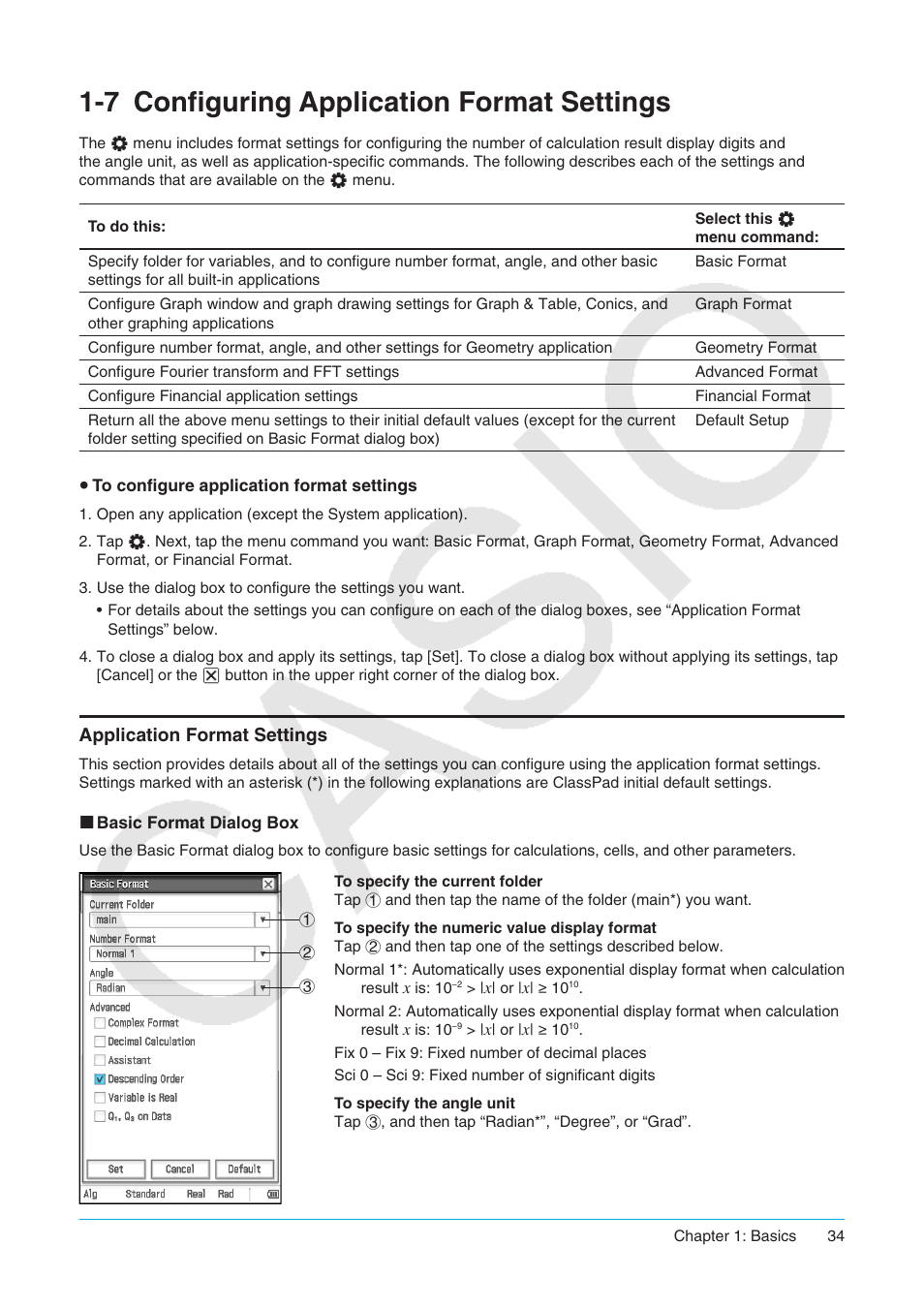 7 configuring application format settings, Configuring application format settings, Application format settings | Casio ClassPad II fx-CP400 User Manual | Page 34 / 275