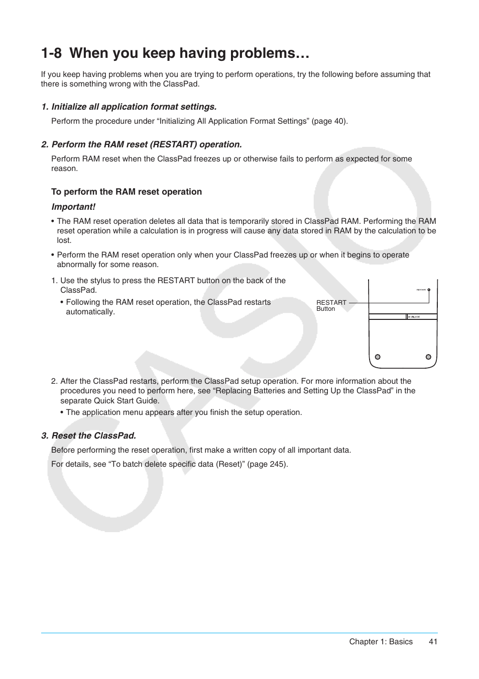 8 when you keep having problems, When you keep having problems | Casio ClassPad II fx-CP400 User Manual | Page 41 / 275
