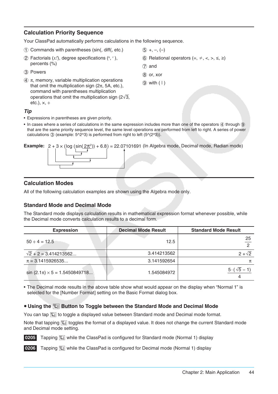Calculation priority sequence calculation modes | Casio ClassPad II fx-CP400 User Manual | Page 44 / 275