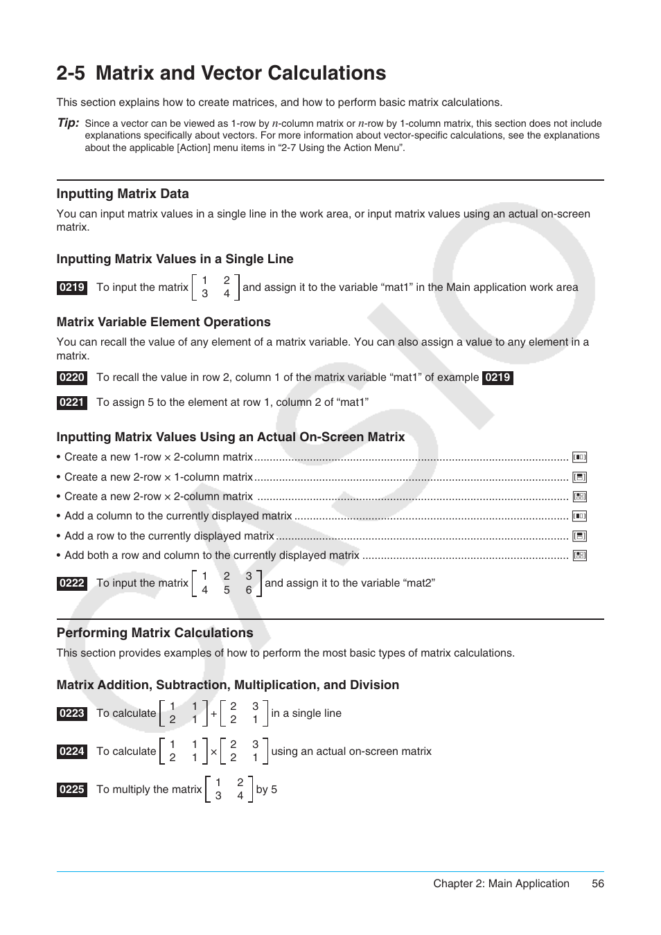 5 matrix and vector calculations, Matrix and vector calculations | Casio ClassPad II fx-CP400 User Manual | Page 56 / 275