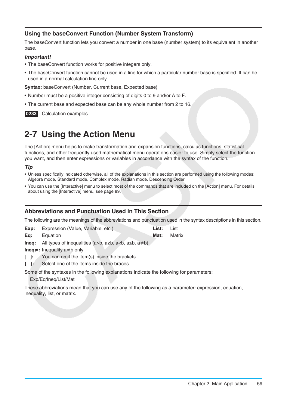 7 using the action menu, Using the action menu, Abbreviations and punctuation used in this section | Casio ClassPad II fx-CP400 User Manual | Page 59 / 275