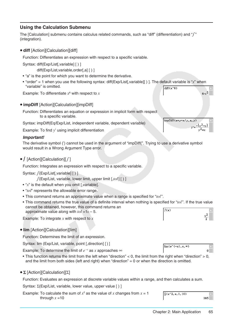 Using the calculation submenu | Casio ClassPad II fx-CP400 User Manual | Page 65 / 275