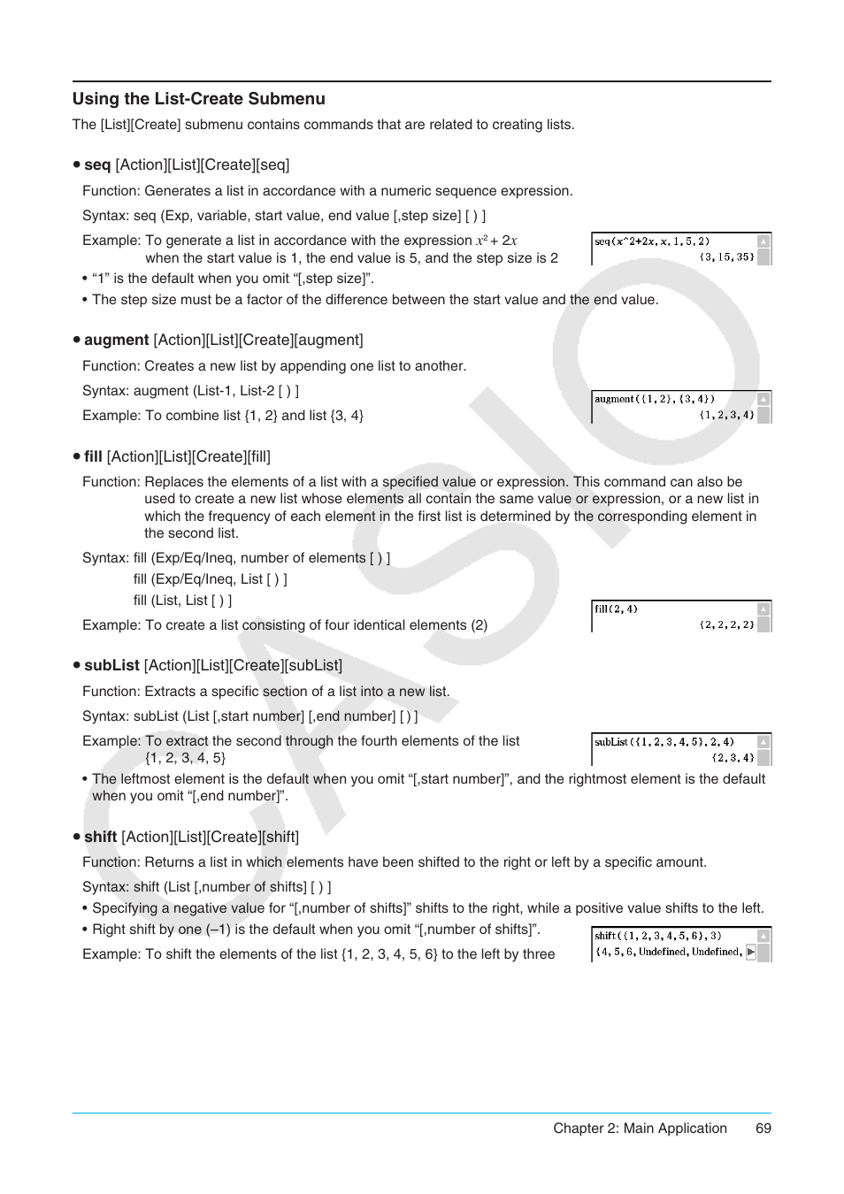 Using the list-create submenu | Casio ClassPad II fx-CP400 User Manual | Page 69 / 275
