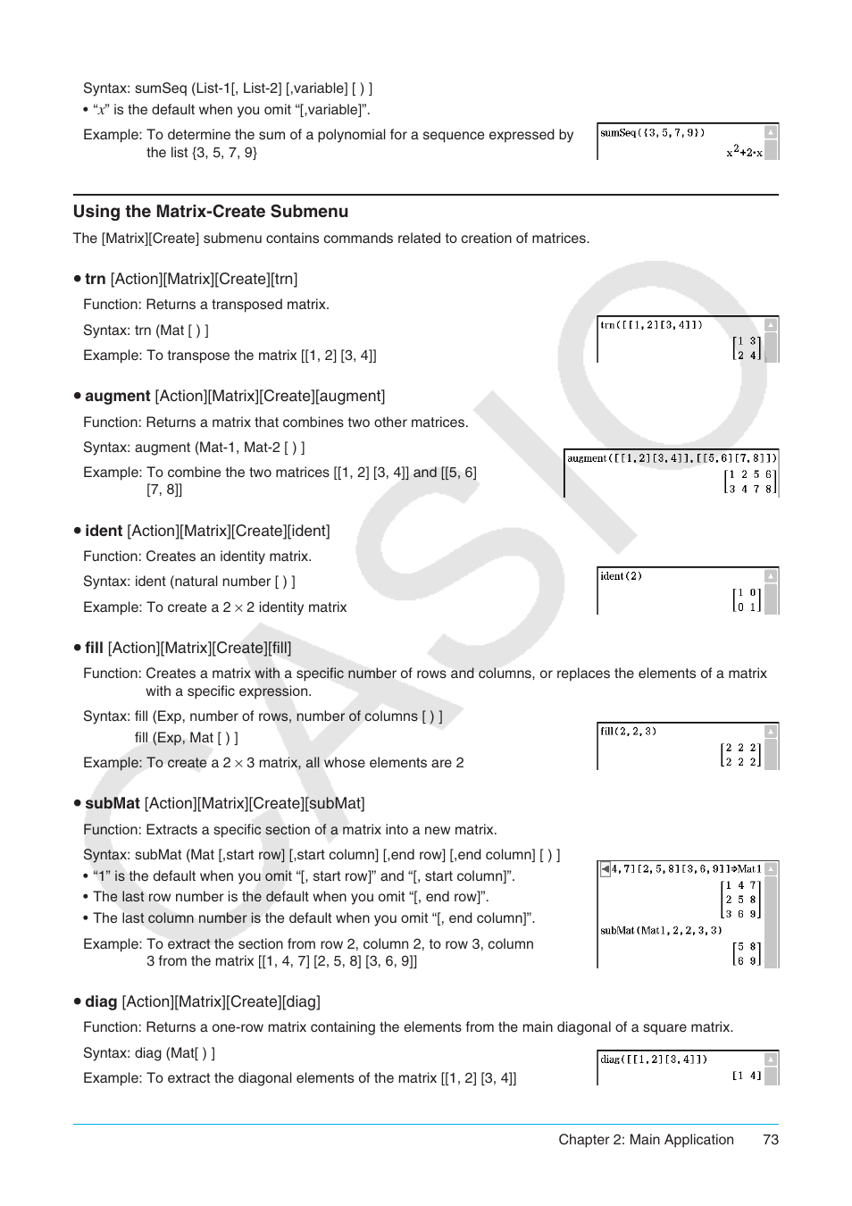 Using the matrix-create submenu | Casio ClassPad II fx-CP400 User Manual | Page 73 / 275