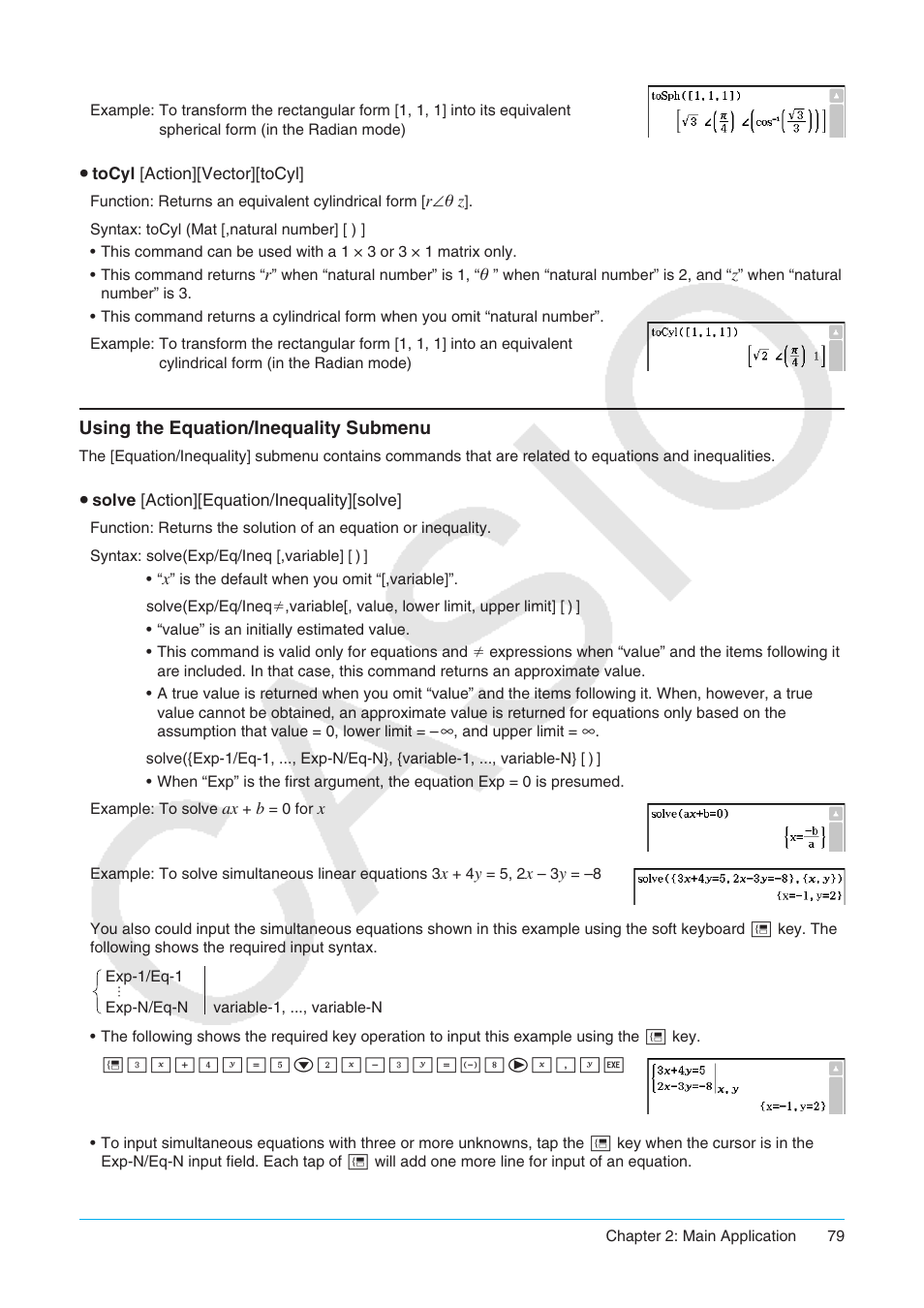 Using the equation/inequality submenu | Casio ClassPad II fx-CP400 User Manual | Page 79 / 275