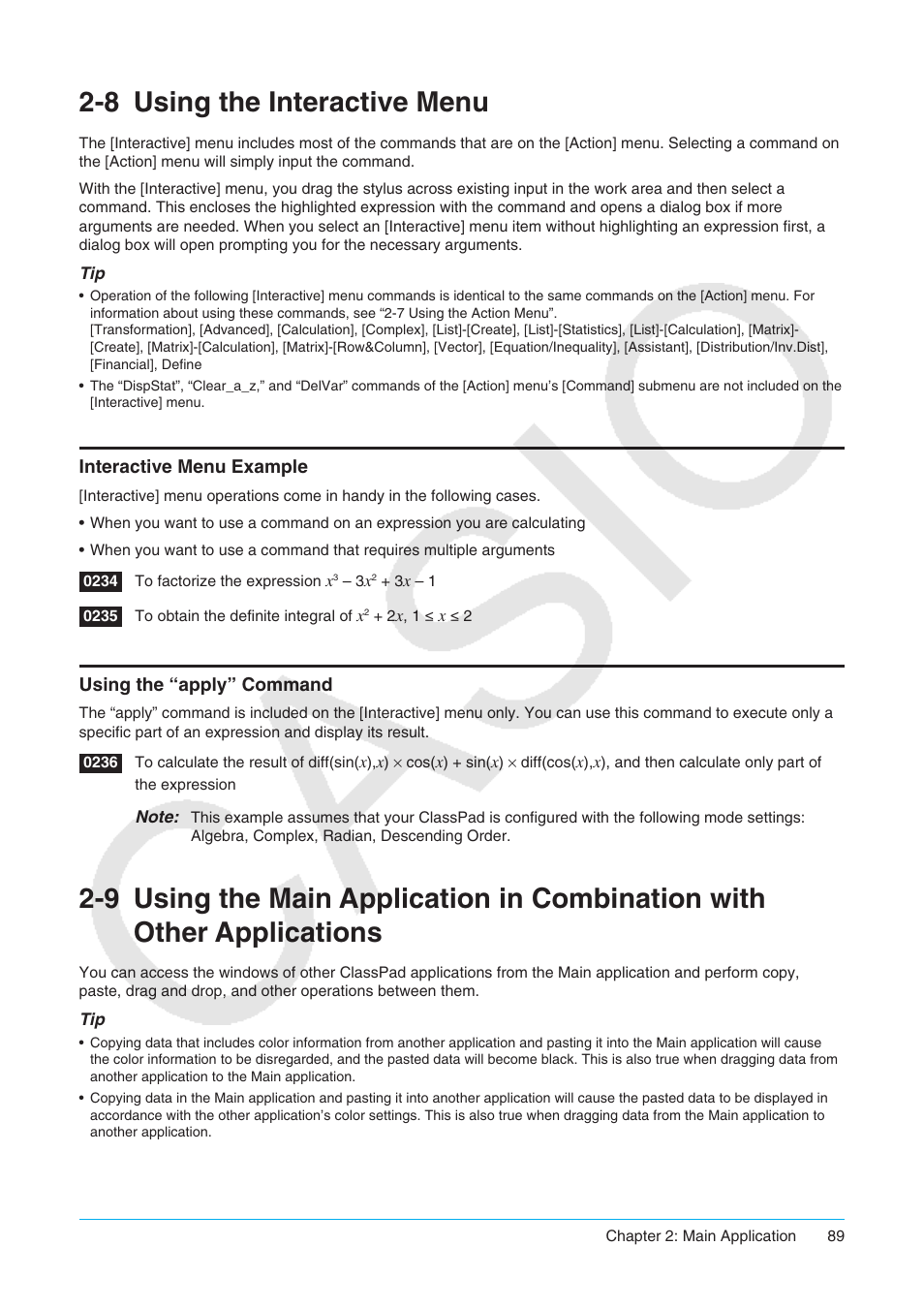 8 using the interactive menu, Using the interactive menu, Interactive menu example using the “apply” command | Casio ClassPad II fx-CP400 User Manual | Page 89 / 275