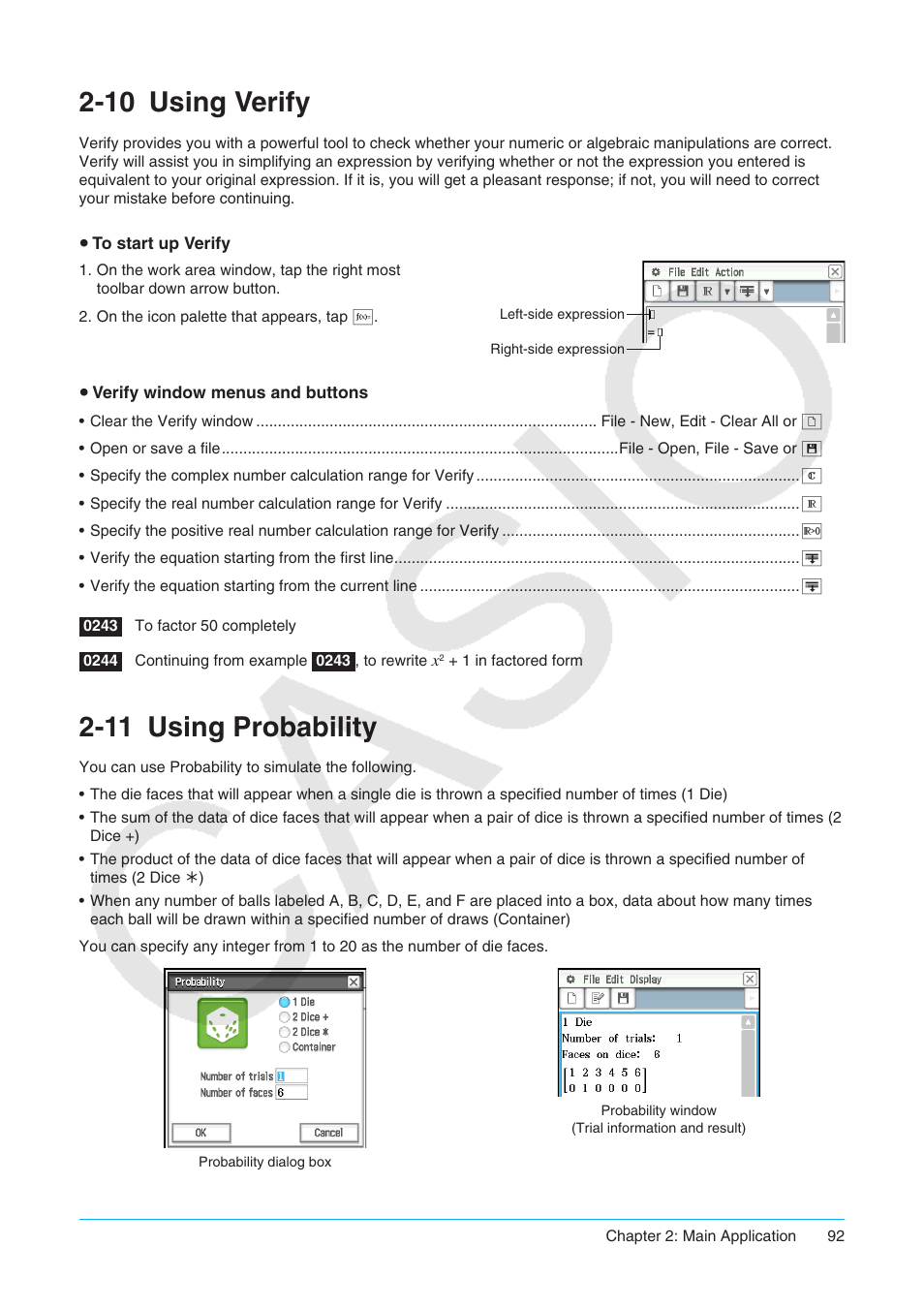 10 using verify, 11 using probability, Using verify | Using probability | Casio ClassPad II fx-CP400 User Manual | Page 92 / 275