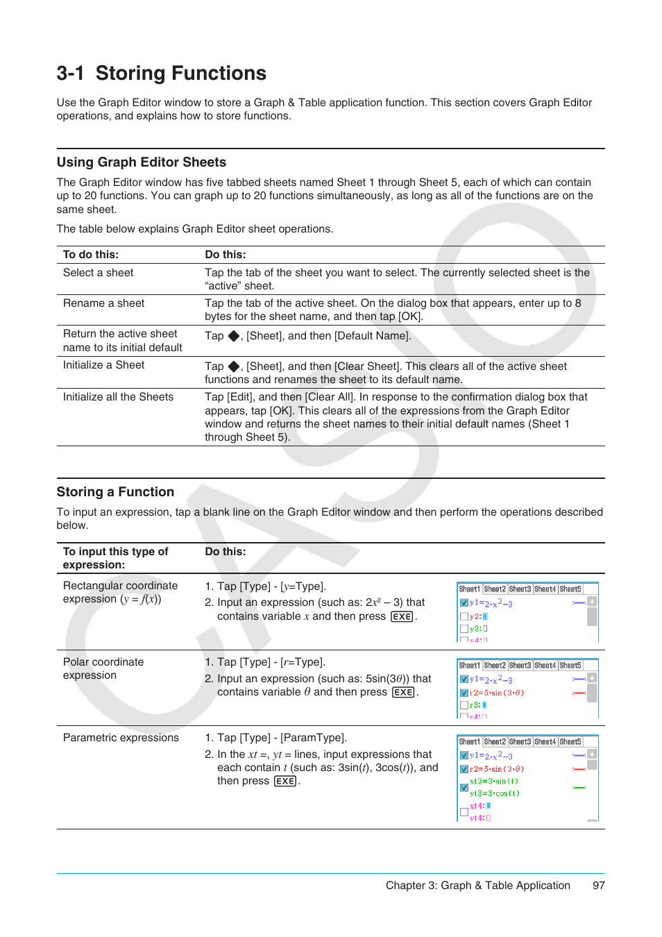 1 storing functions, Storing functions, Using graph editor sheets storing a function | Casio ClassPad II fx-CP400 User Manual | Page 97 / 275