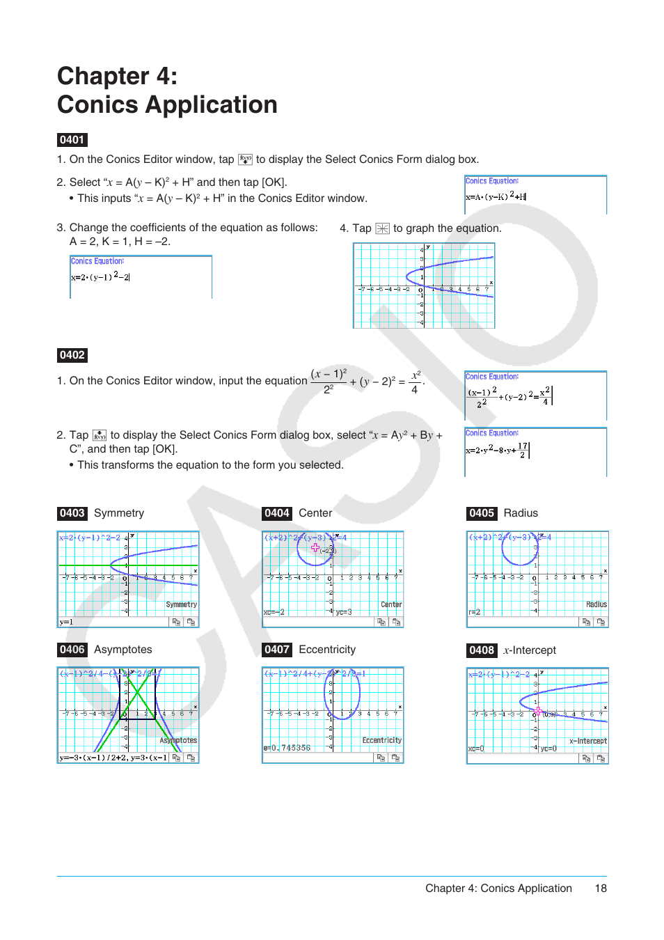 Chapter 4: conics application | Casio ClassPad II fx-CP400 Examples User Manual | Page 18 / 43