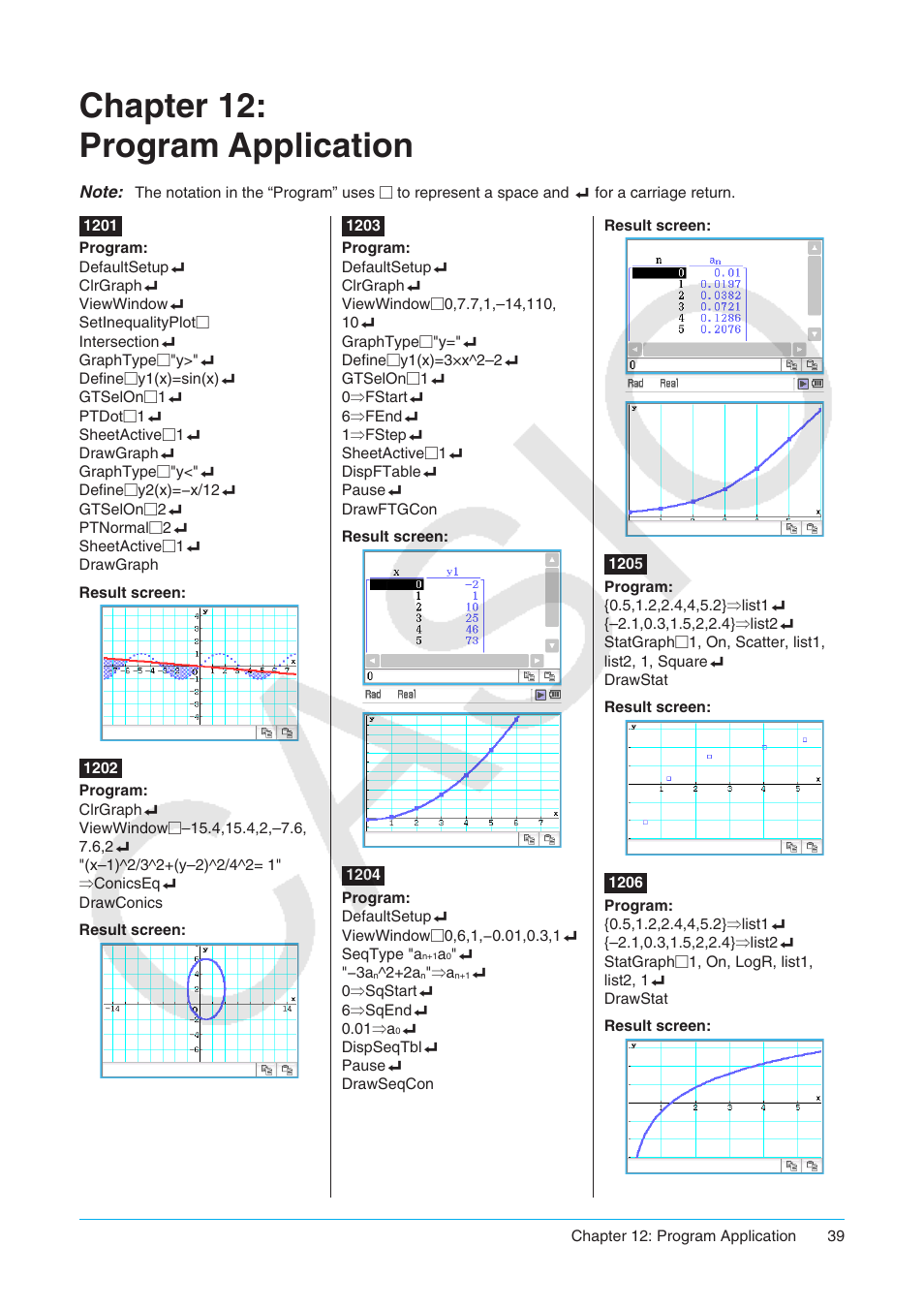 Chapter 12: program application | Casio ClassPad II fx-CP400 Examples User Manual | Page 39 / 43