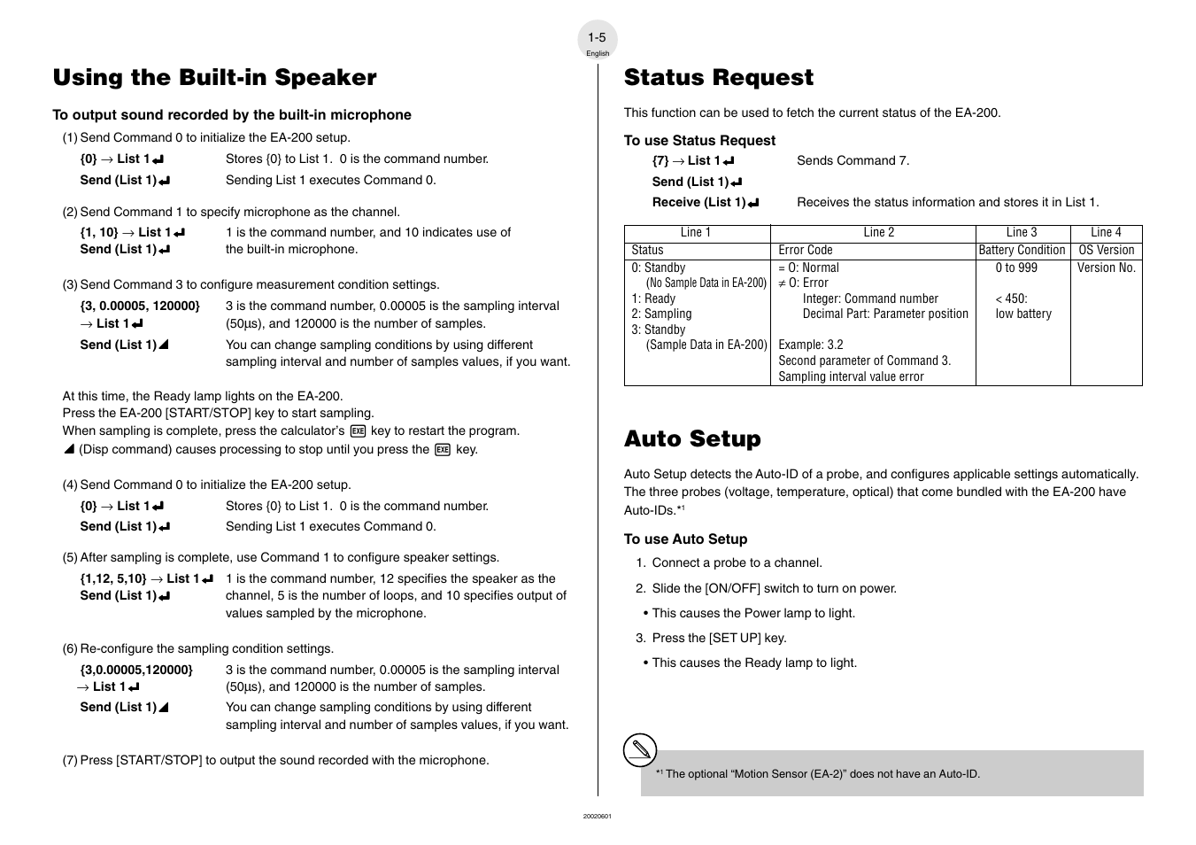 Using the built-in speaker, Status request, Auto setup | Casio EA-200 User Manual | Page 11 / 55