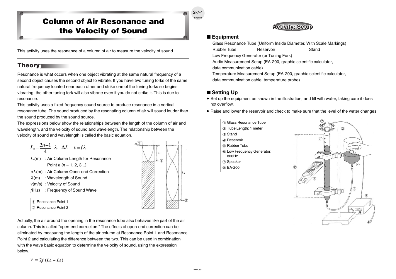 Column of air resonance and the velocity of sound, Theory | Casio EA-200 User Manual | Page 26 / 55