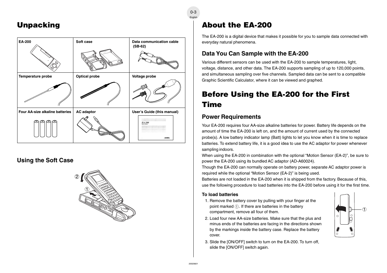 Unpacking, About the ea-200, Before using the ea-200 for the first time | Data you can sample with the ea-200, Power requirements, Using the soft case | Casio EA-200 User Manual | Page 5 / 55