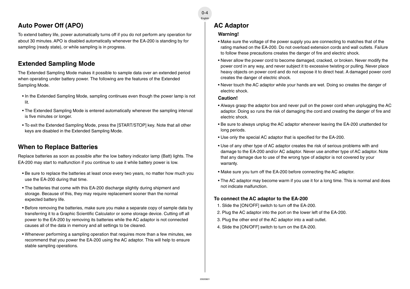 Auto power off (apo), Extended sampling mode, When to replace batteries | Ac adaptor | Casio EA-200 User Manual | Page 6 / 55