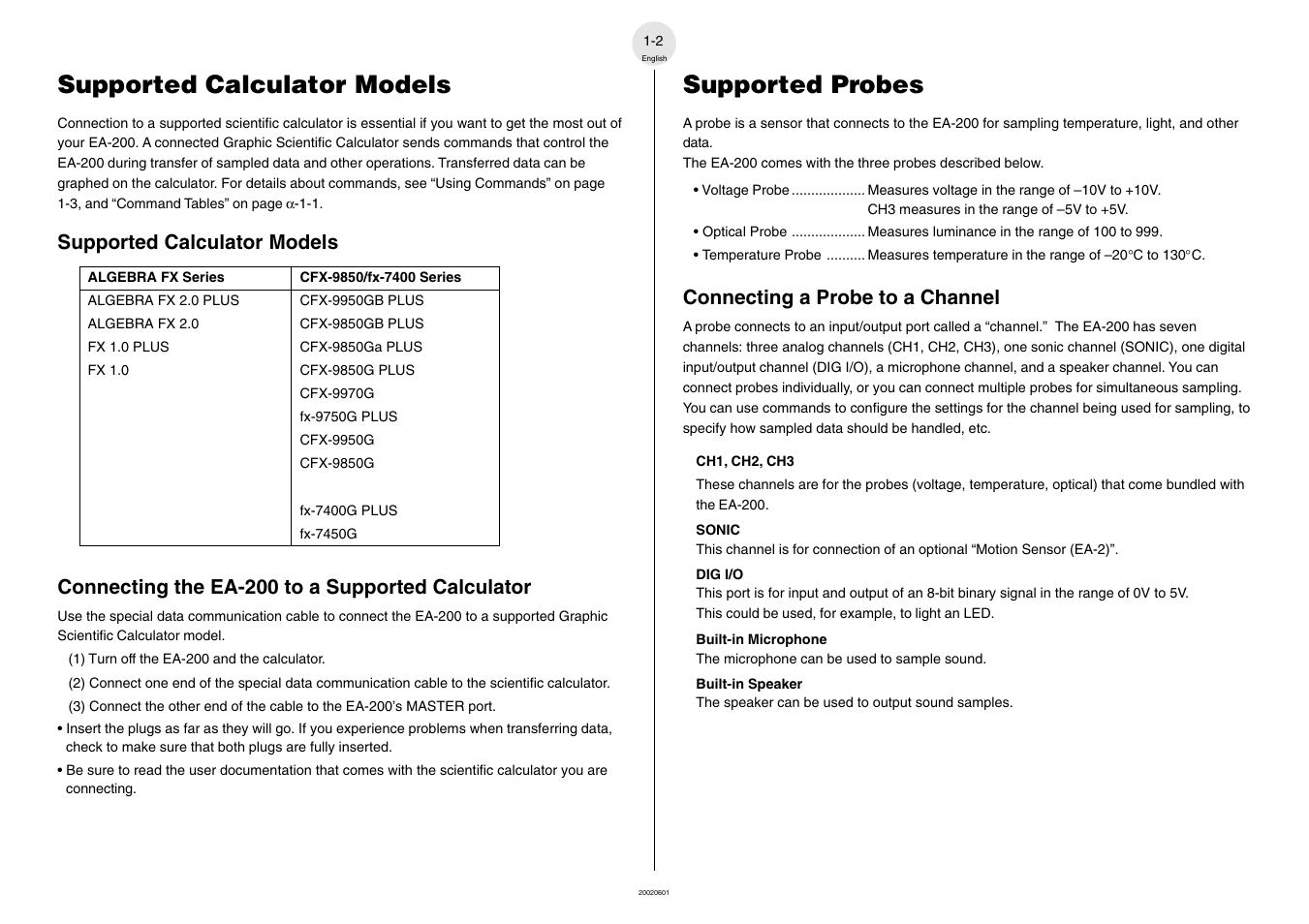 Supported calculator models, Supported probes, Connecting a probe to a channel | Connecting the ea-200 to a supported calculator | Casio EA-200 User Manual | Page 8 / 55