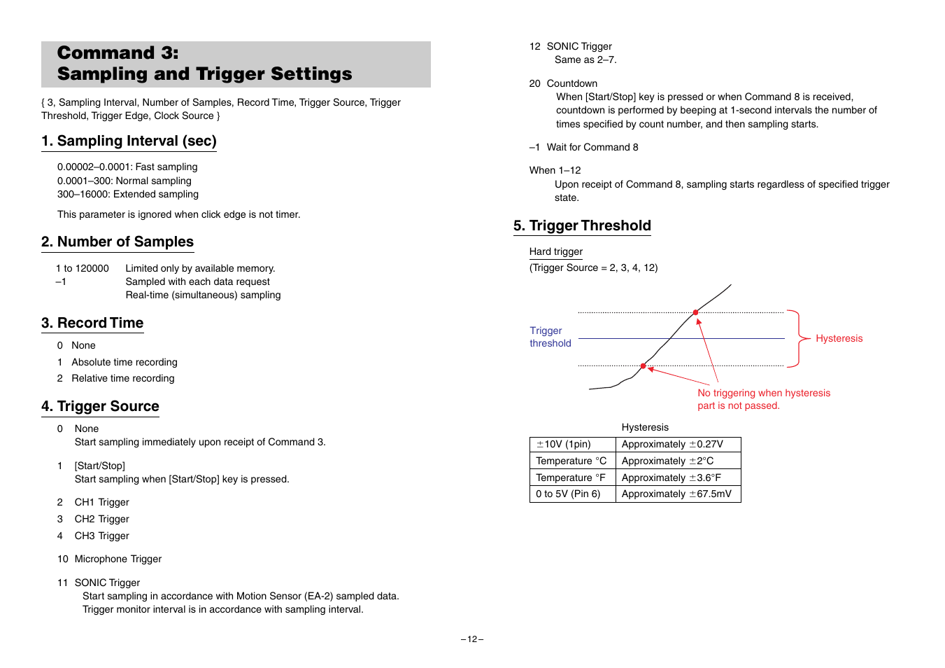 Command 3: sampling and trigger settings, Sampling interval (sec), Number of samples | Record time, Trigger source, Trigger threshold | Casio EA-200 Technical Reference User Manual | Page 12 / 20
