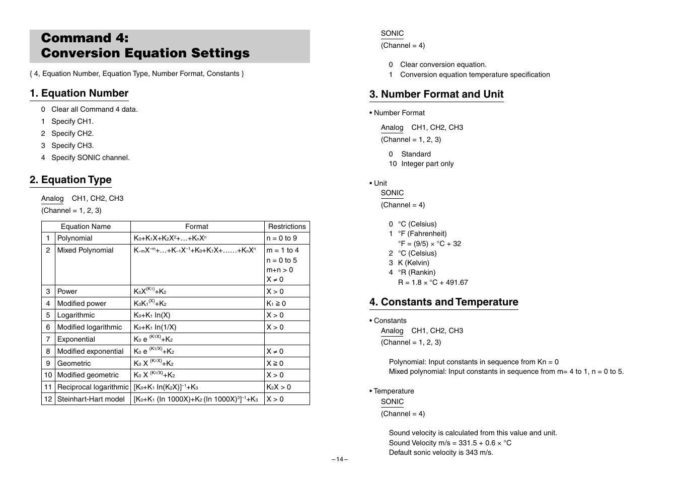 Command 4: conversion equation settings, Equation number, Equation type | Number format and unit, Constants and temperature | Casio EA-200 Technical Reference User Manual | Page 14 / 20