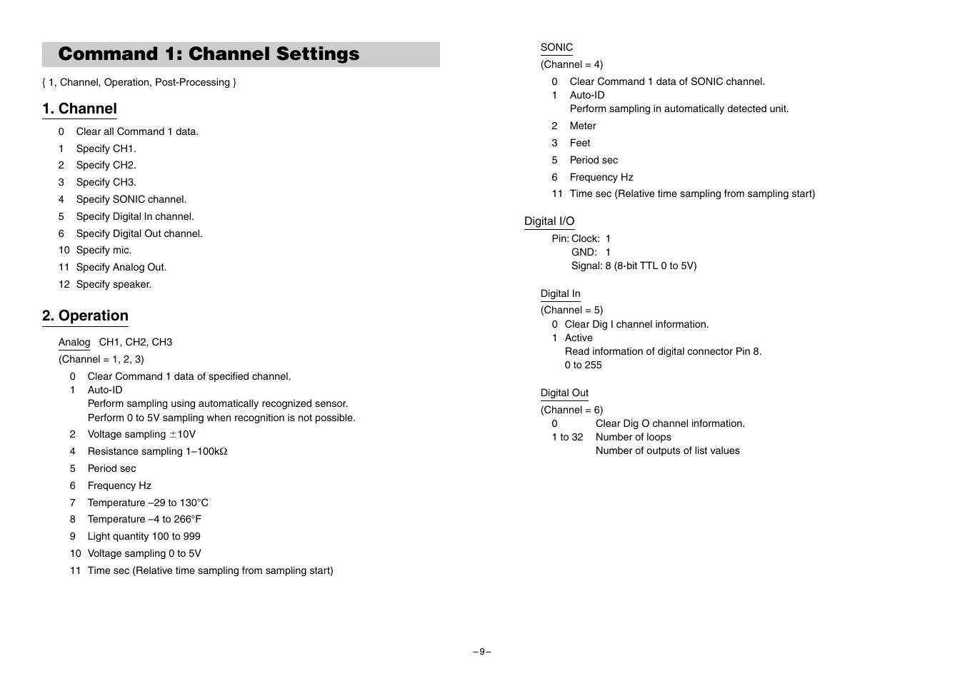 Command 1: channel settings, Channel, Operation | Casio EA-200 Technical Reference User Manual | Page 9 / 20