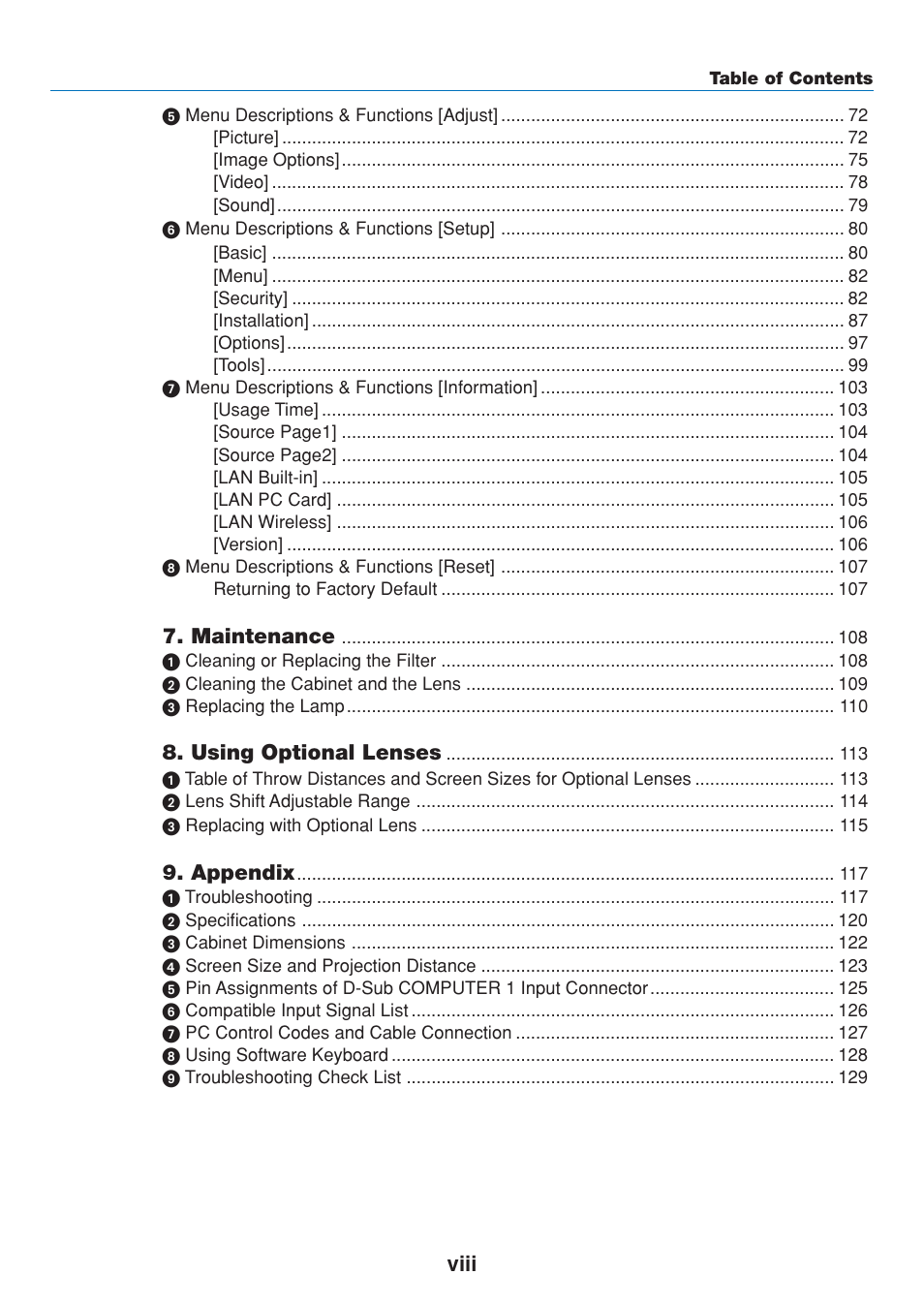 Viii, Maintenance, Using optional lenses | Appendix | Dukane 8808 User Manual | Page 10 / 178