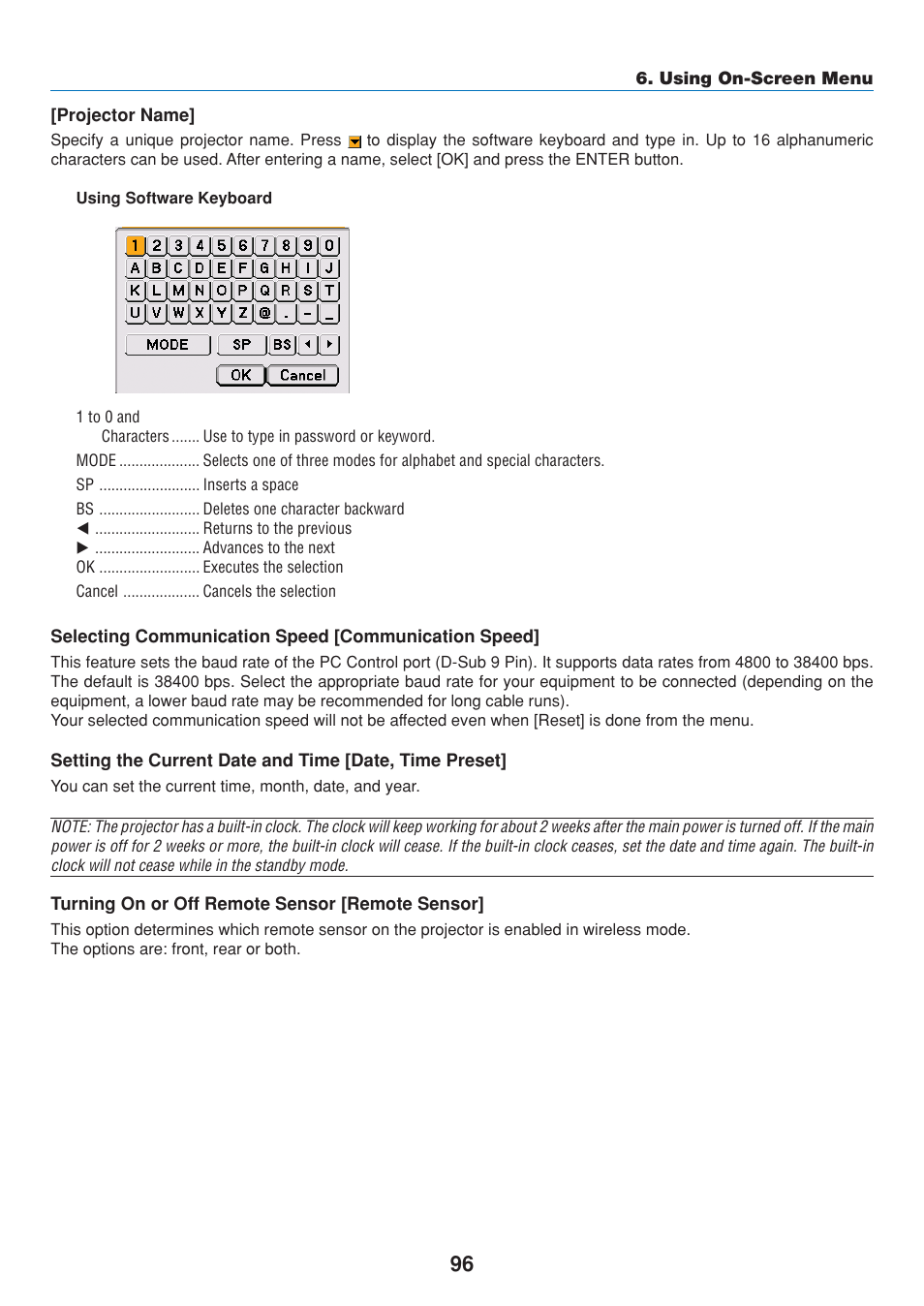 Projector name, Selecting communication speed [communication speed, Turning on or off remote sensor [remote sensor | Dukane 8808 User Manual | Page 106 / 178