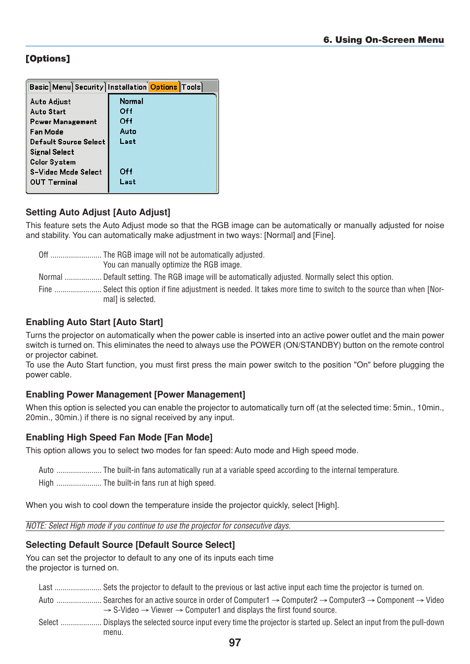 Options, Setting auto adjust [auto adjust, Enabling auto start [auto start | Enabling power management [power management, Enabling high speed fan mode [fan mode, Selecting default source [default source select | Dukane 8808 User Manual | Page 107 / 178