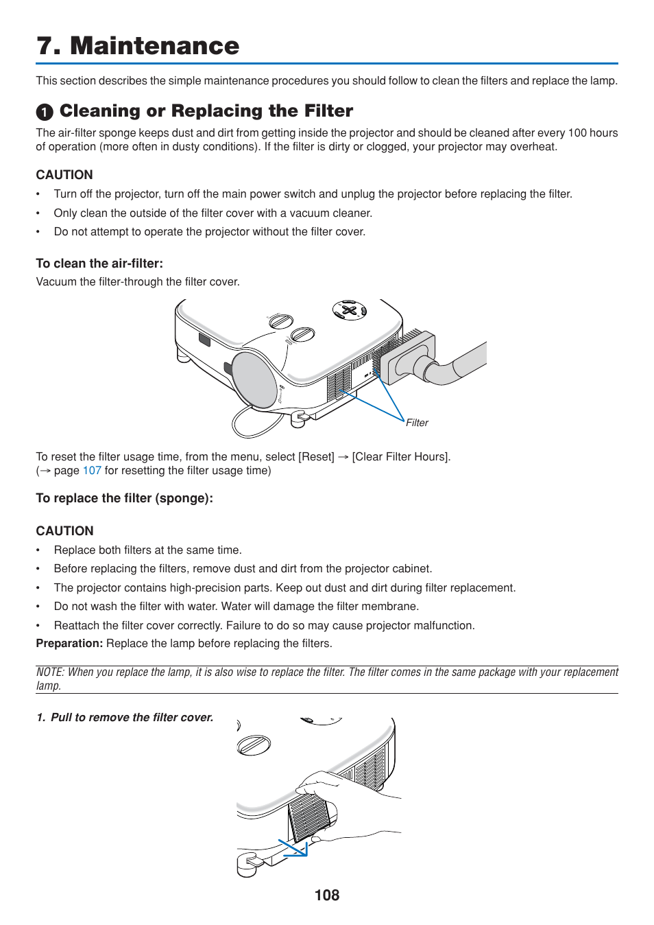 Maintenance, 1) cleaning or replacing the filter, ᕡ cleaning or replacing the filter | Caution | Dukane 8808 User Manual | Page 118 / 178