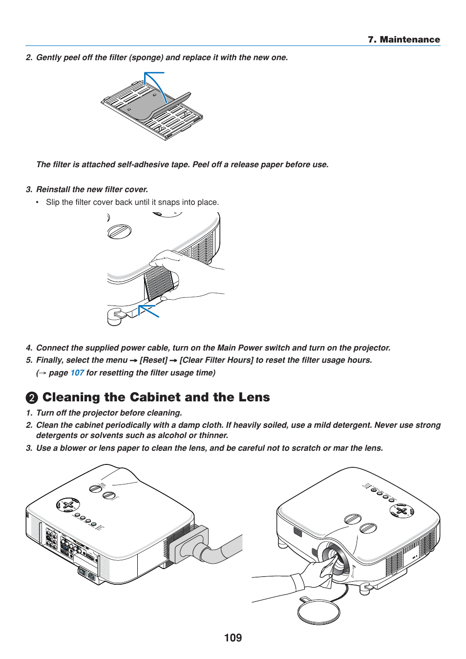 2) cleaning the cabinet and the lens, Cleaning the cabinet and the lens, Maintenance | Reset, Page 107 for resetting the filter usage time), Pc c ar d la mp st at us po we r | Dukane 8808 User Manual | Page 119 / 178