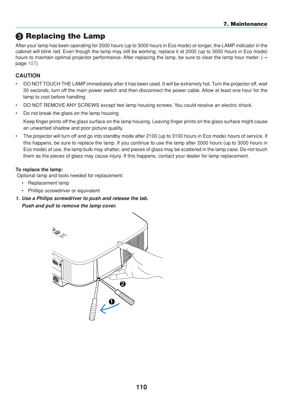 3) replacing the lamp, Replacing the lamp, Caution | Maintenance | Dukane 8808 User Manual | Page 120 / 178