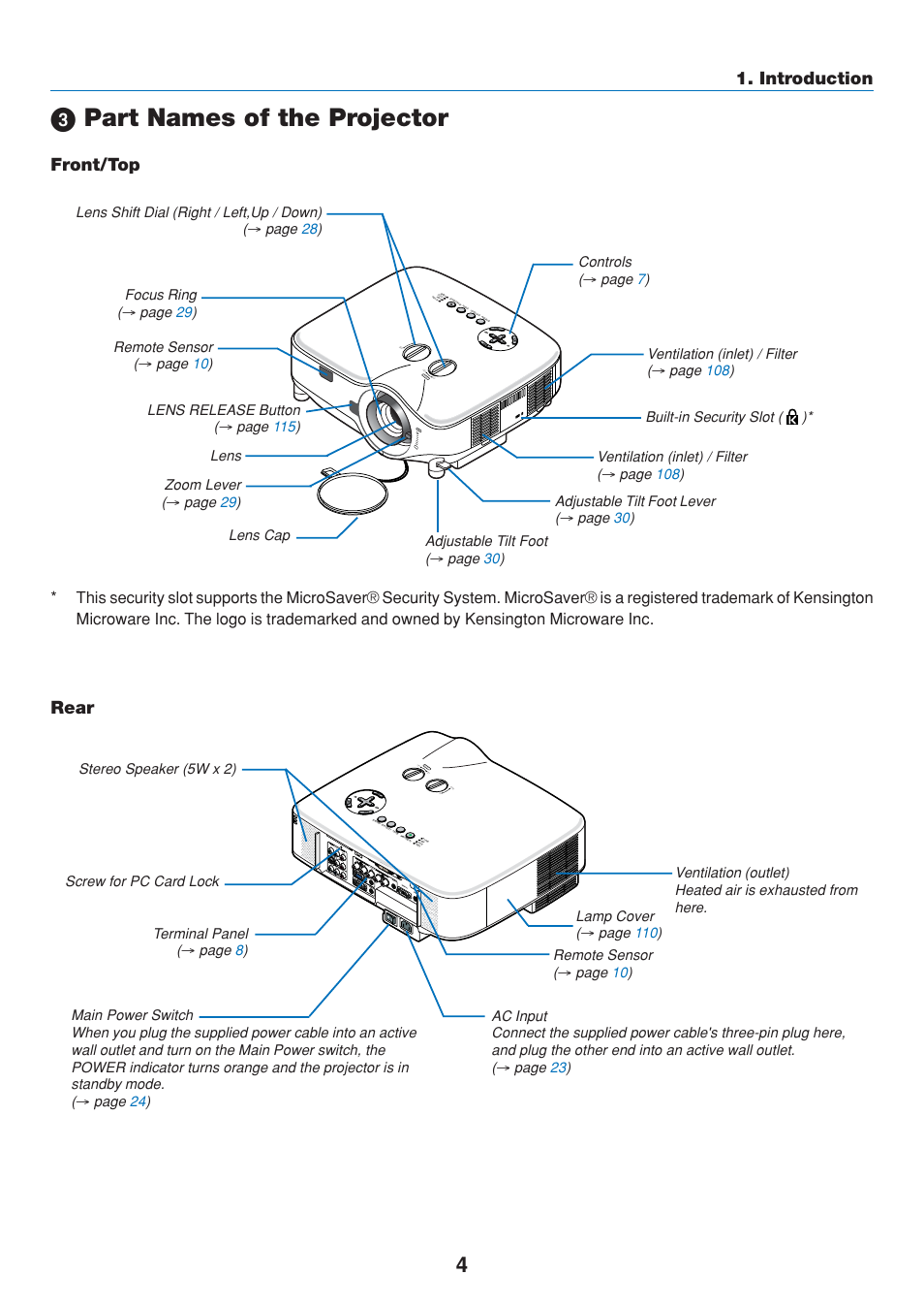 3) part names of the projector, Front/top, Rear | ᕣ part names of the projector, Introduction | Dukane 8808 User Manual | Page 14 / 178