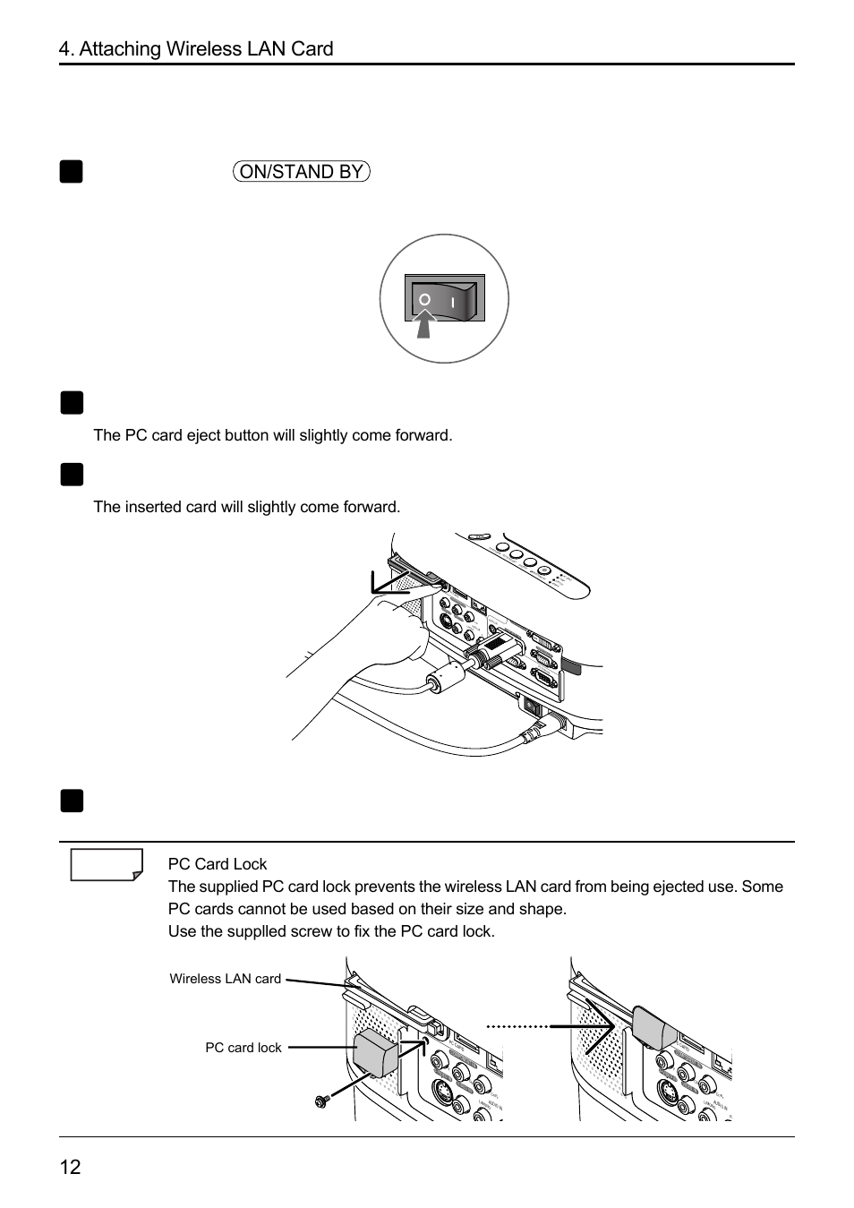 Removing card from pc card slot, 12 4. attaching wireless lan card, Press power | Slowly press the pc card eject button, Slowly press the pc card eject button once again, Slowly pull out the card, On/stand by, Reference, The inserted card will slightly come forward, Wireless lan card pc card lock | Dukane 8808 User Manual | Page 154 / 178