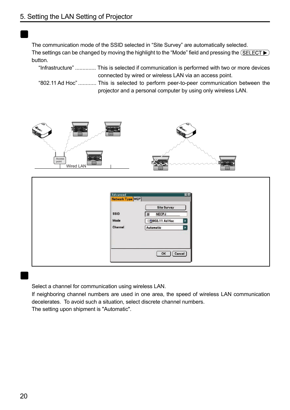 20 5. setting the lan setting of projector, Select “mode” (if necessary), Select “channel” (if necessary) | Dukane 8808 User Manual | Page 162 / 178
