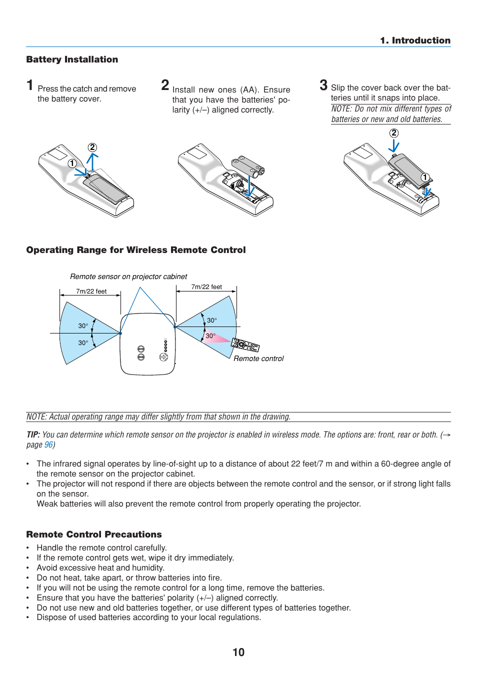 Battery installation, Operating range for wireless remote control, Remote control precautions | Dukane 8808 User Manual | Page 20 / 178