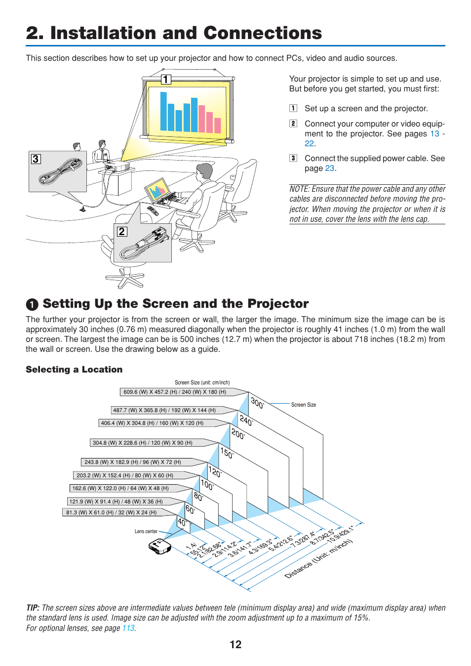 Installation and connections, 1) setting up the screen and the projector, Selecting a location | ᕡ setting up the screen and the projector | Dukane 8808 User Manual | Page 22 / 178