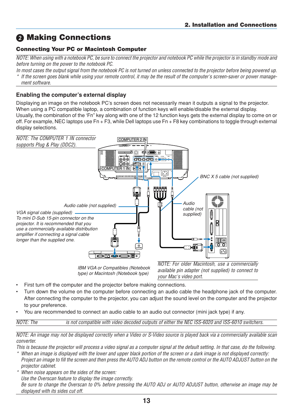2) making connections, Connecting your pc or macintosh computer, Enabling the computer’s external display | ᕢ making connections | Dukane 8808 User Manual | Page 23 / 178