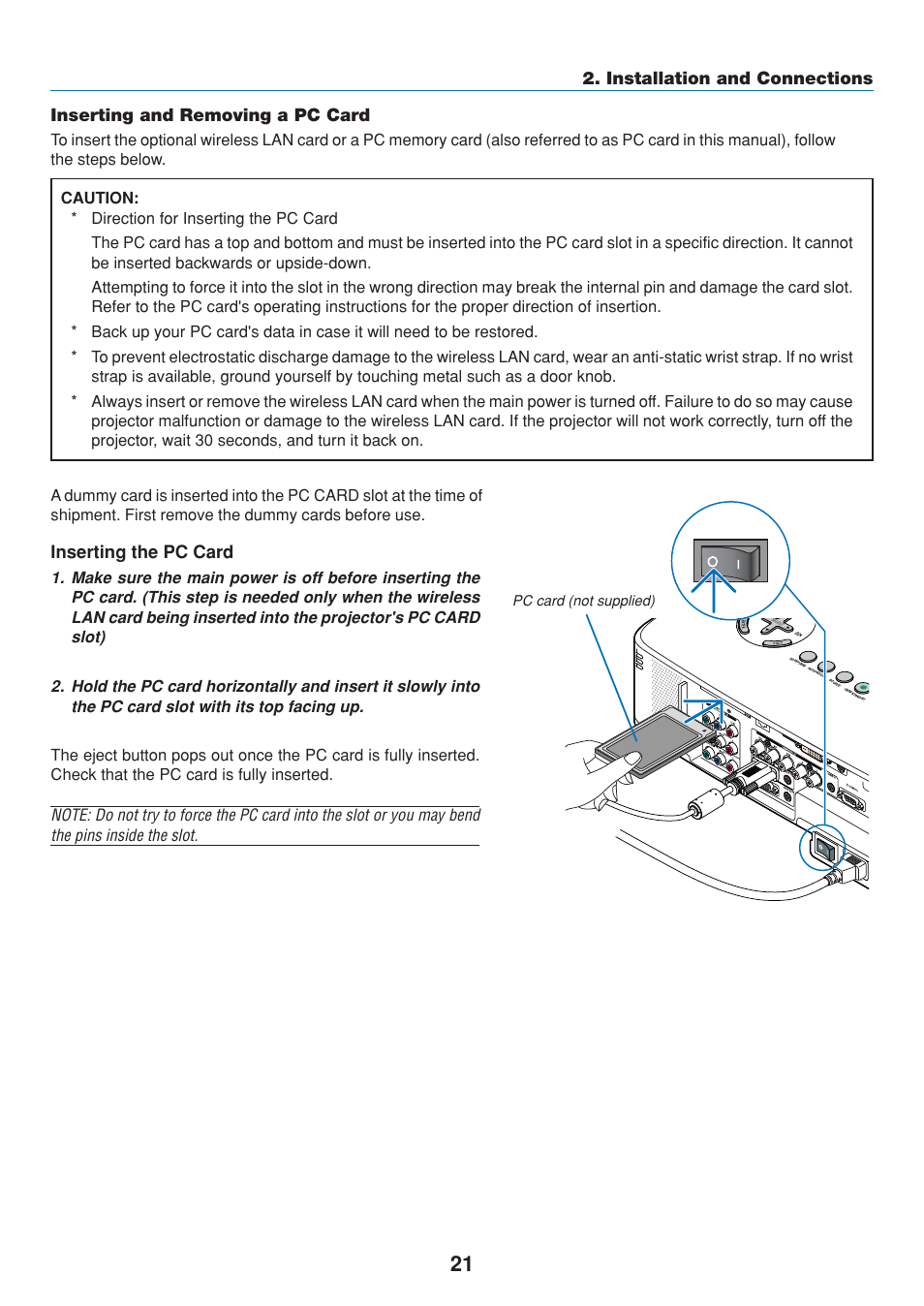 Inserting and removing a pc card, Installation and connections inserting the pc card, Pc card (not supplied) | Dukane 8808 User Manual | Page 31 / 178