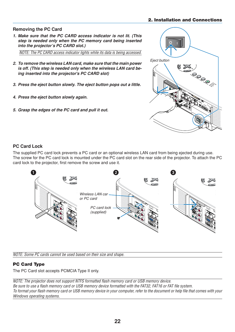 Pc card type, ᕡᕢ ᕣ, Installation and connections | Removing the pc card, Pc card lock, The pc card slot accepts pcmcia type ii only, Eject button | Dukane 8808 User Manual | Page 32 / 178