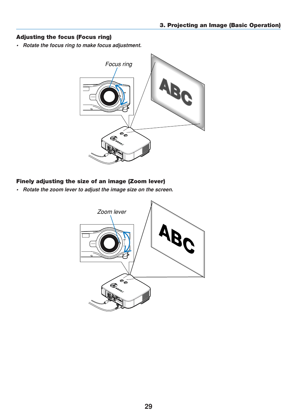 Adjusting the focus (focus ring), Finely adjusting the size of an image (zoom lever), Zoom lever | Dukane 8808 User Manual | Page 39 / 178