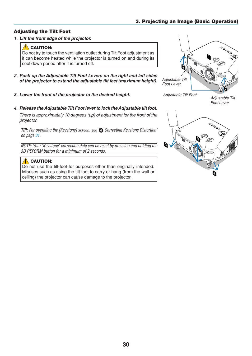 Adjusting the tilt foot, Projecting an image (basic operation) | Dukane 8808 User Manual | Page 40 / 178