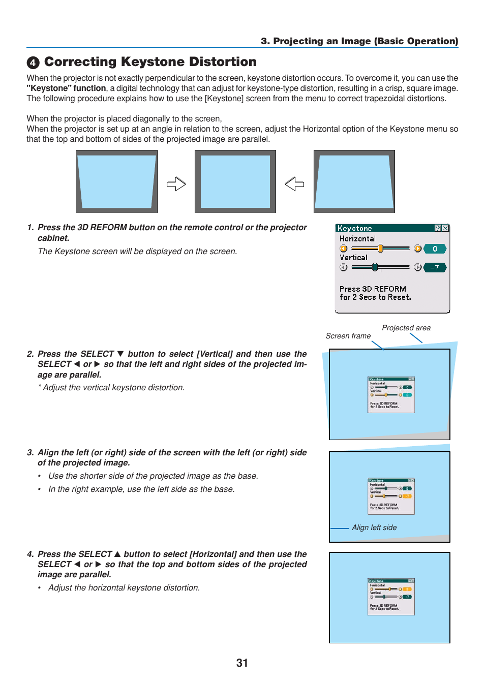 4) correcting keystone distortion, ᕤ correcting keystone distortion | Dukane 8808 User Manual | Page 41 / 178