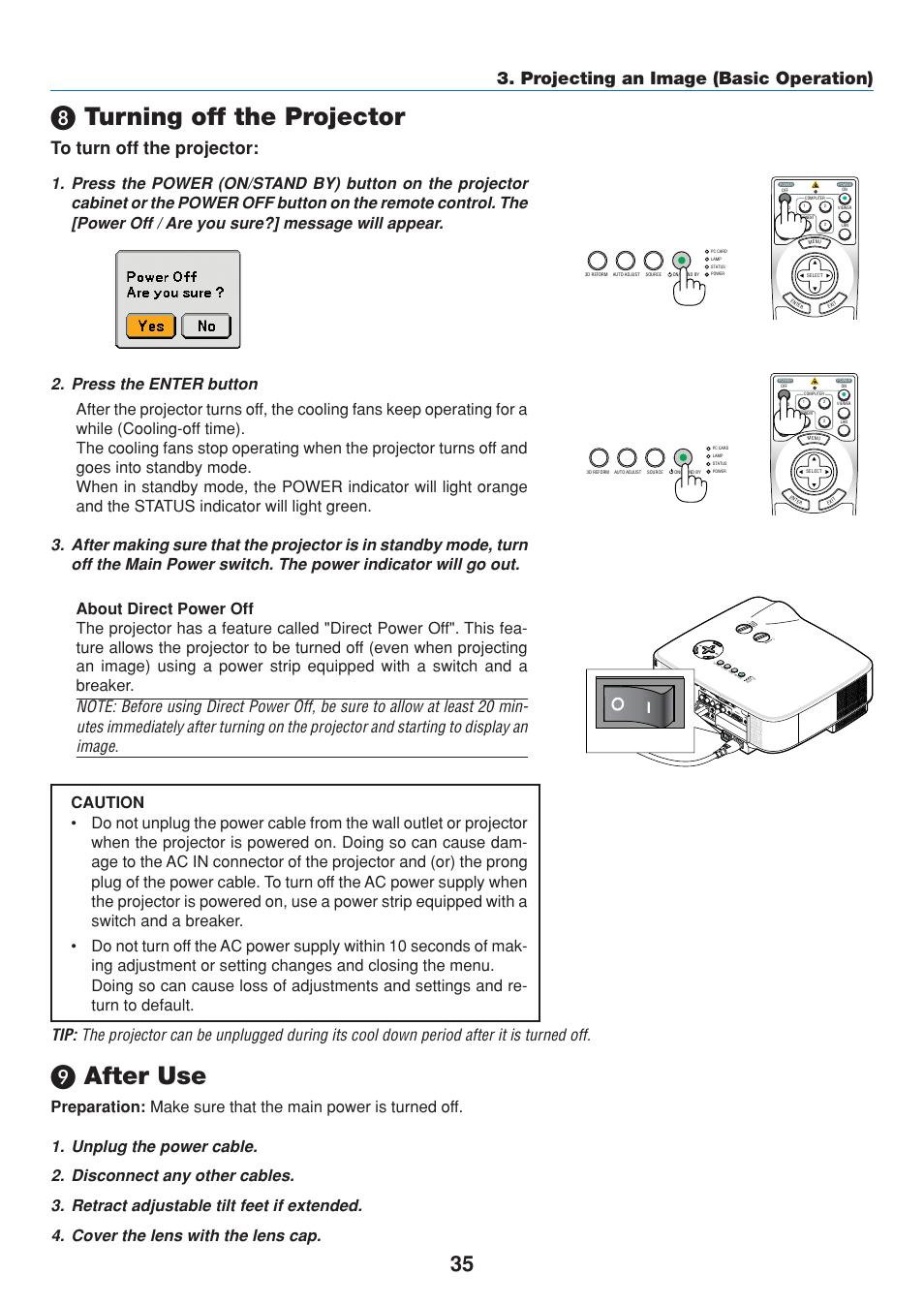 8) turning off the projector, 9) after use, º turning off the projector | After use | Dukane 8808 User Manual | Page 45 / 178