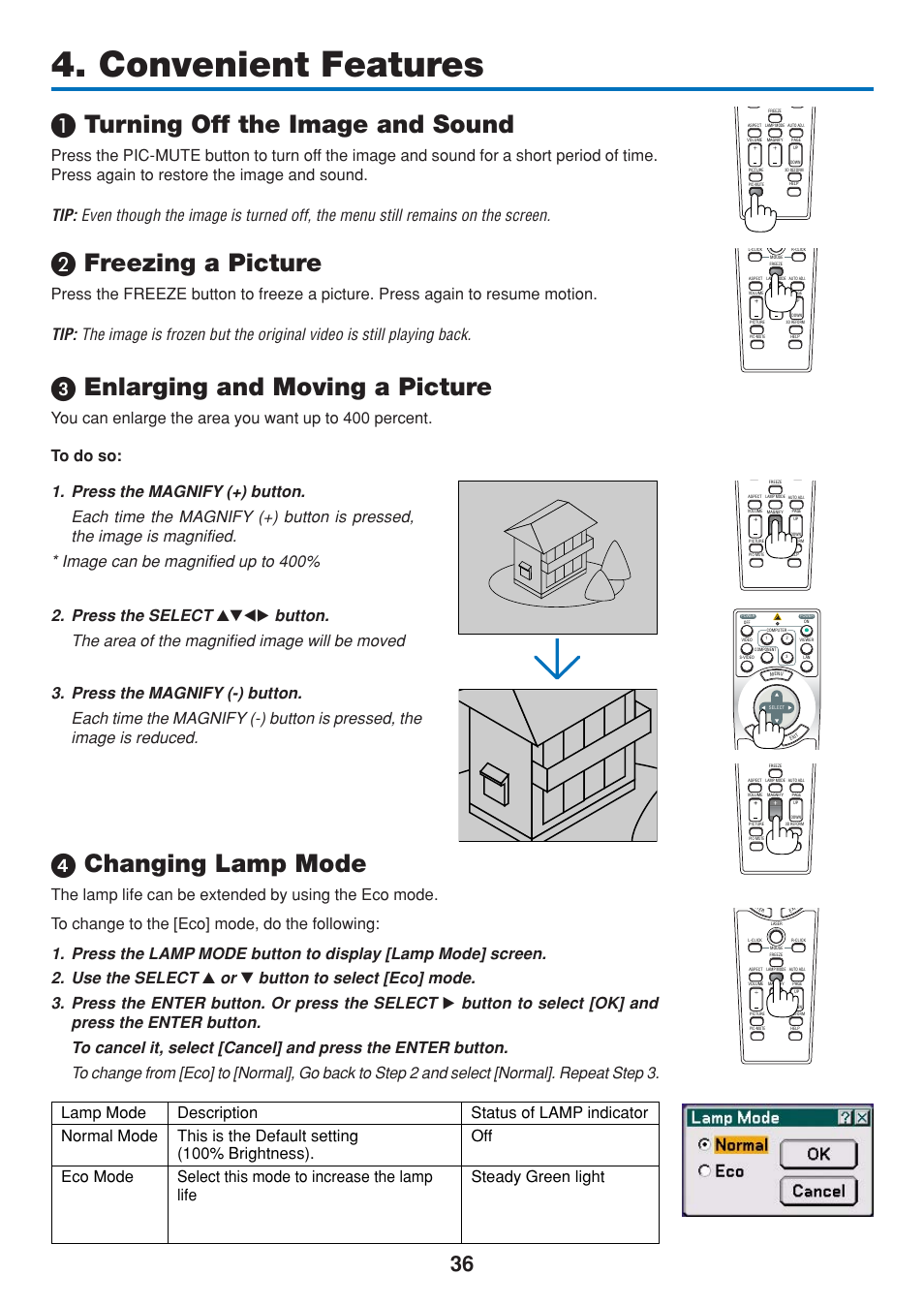 Convenient features, 1) turning off the image and sound, 2) freezing a picture | 3) enlarging and moving a picture, 4) changing lamp mode, Turning off the image and sound, Freezing a picture, ᕣ enlarging and moving a picture, ᕤ changing lamp mode, Press the magnify (+) button | Dukane 8808 User Manual | Page 46 / 178