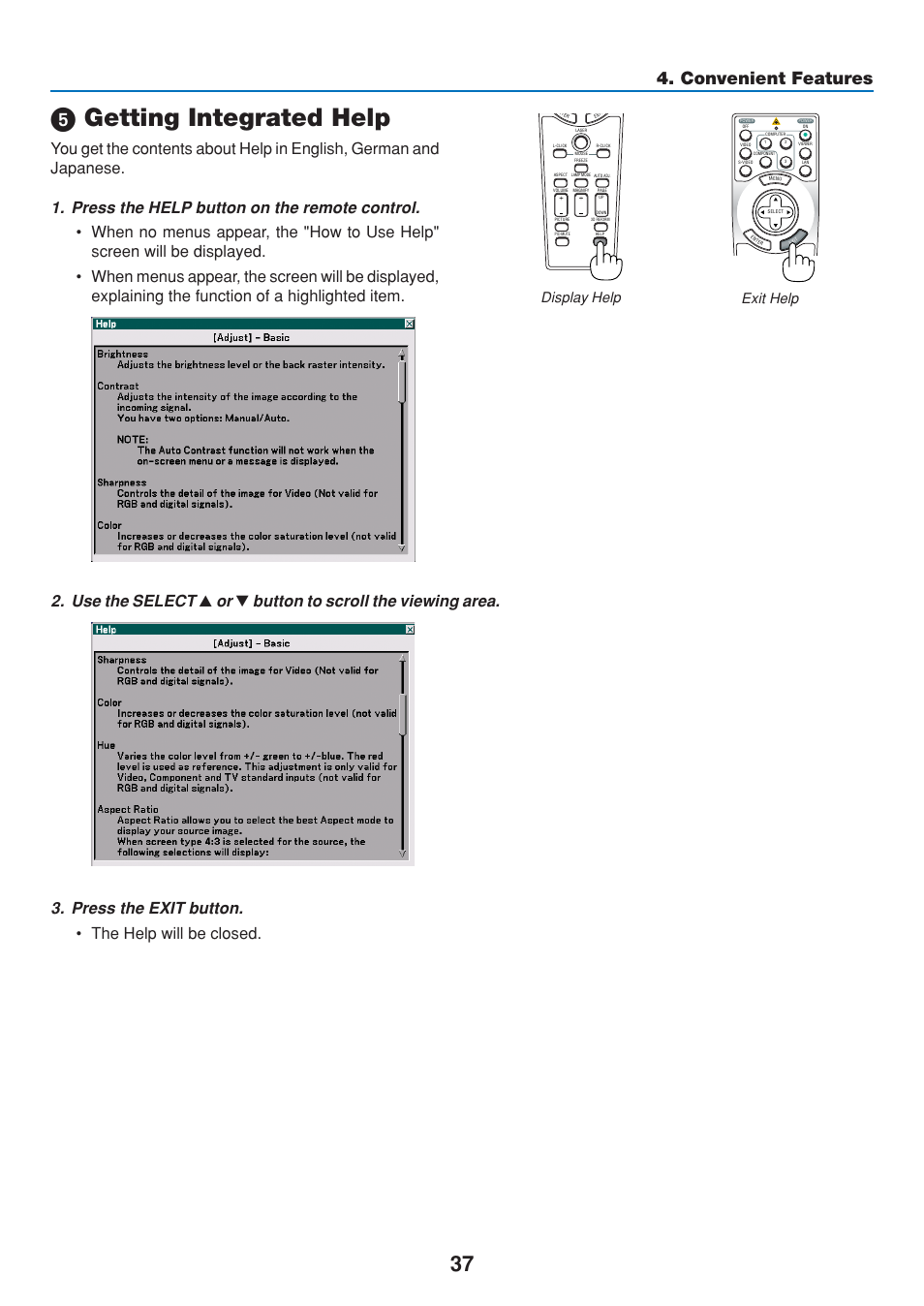 5) getting integrated help, ᕥ getting integrated help, Convenient features | Press the help button on the remote control, Use the select, The help will be closed, Display help exit help | Dukane 8808 User Manual | Page 47 / 178