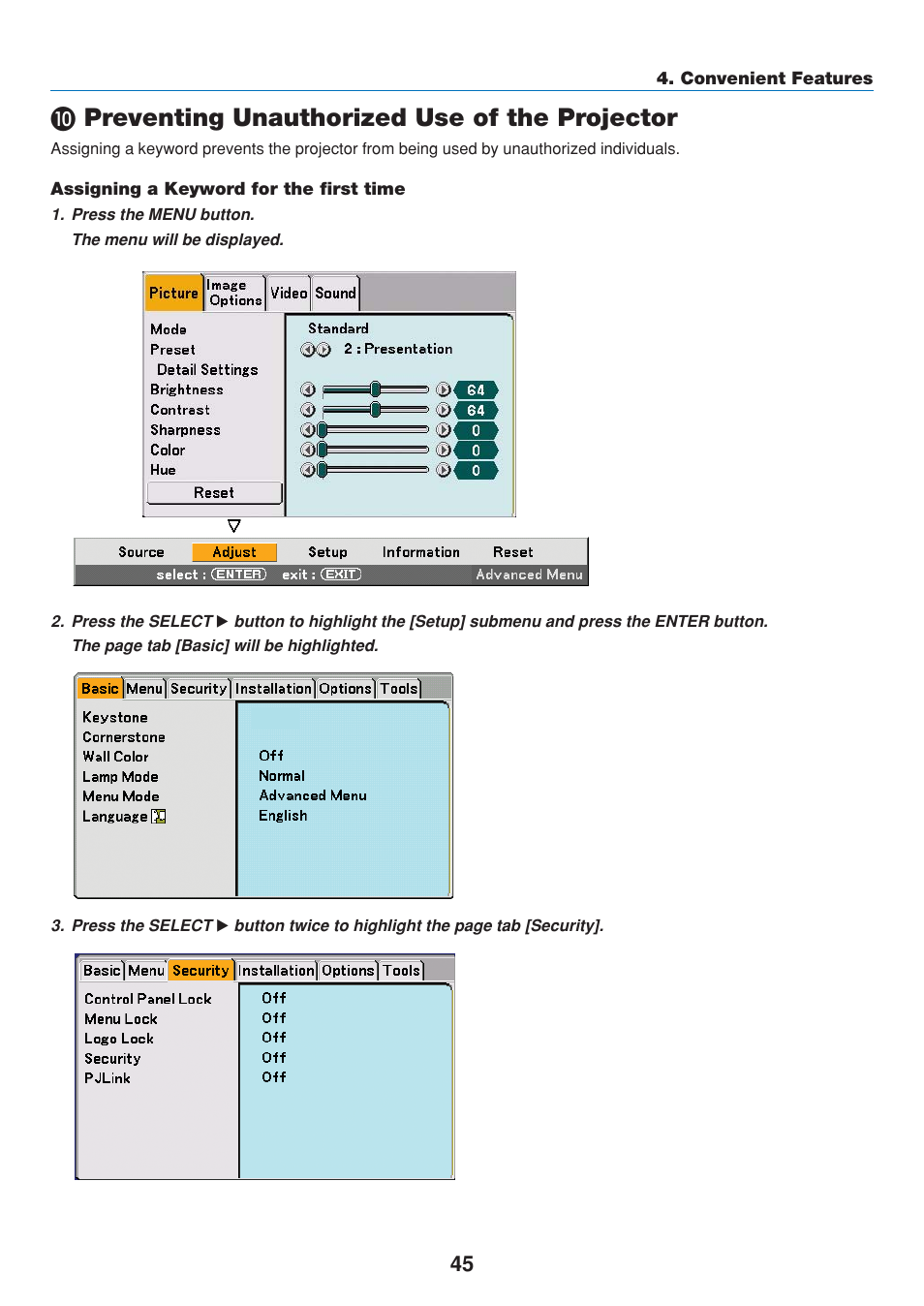 10) preventing unauthorized use of the projector, Assigning a keyword for the first time, Μ preventing unauthorized use of the projector | Dukane 8808 User Manual | Page 55 / 178