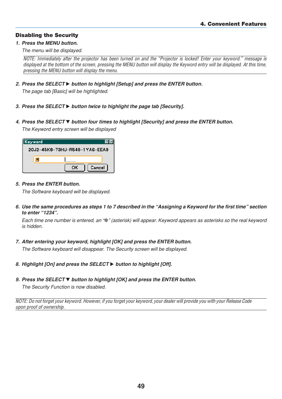 Disabling the security | Dukane 8808 User Manual | Page 59 / 178