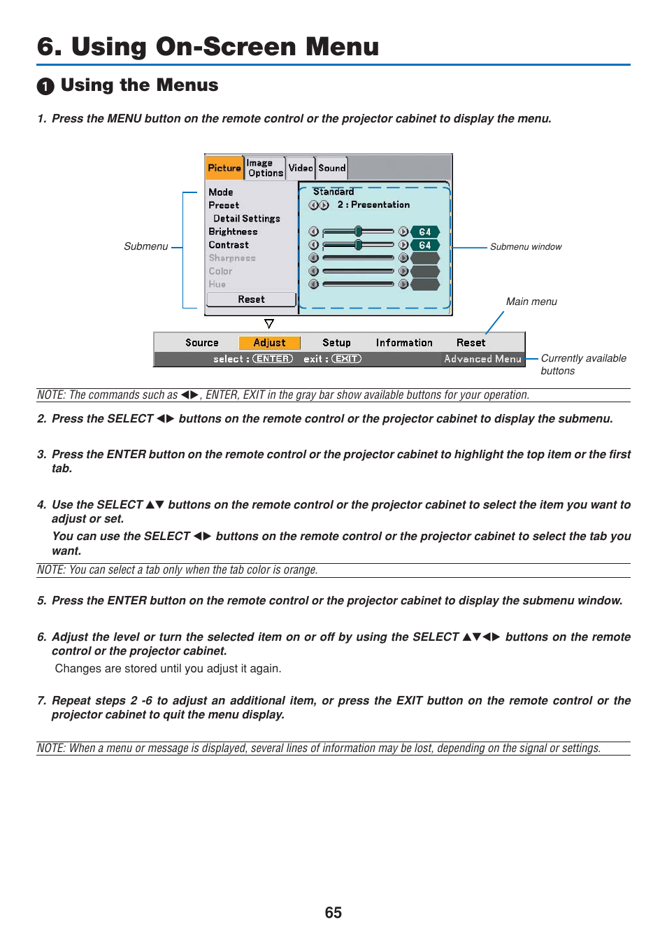 Using on-screen menu, 1) using the menus, ᕡ using the menus | Dukane 8808 User Manual | Page 75 / 178