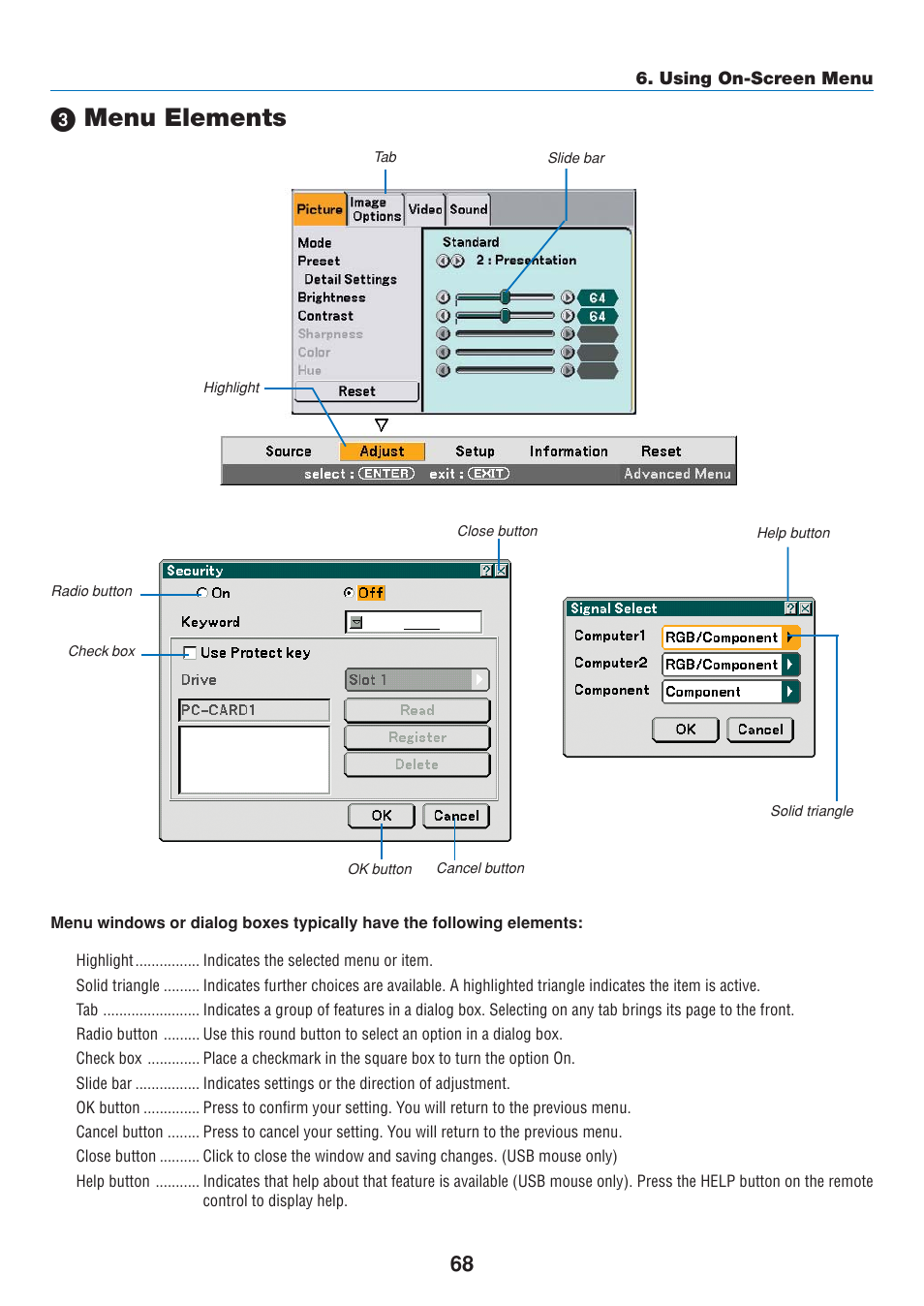 3) menu elements, ᕣ menu elements | Dukane 8808 User Manual | Page 78 / 178