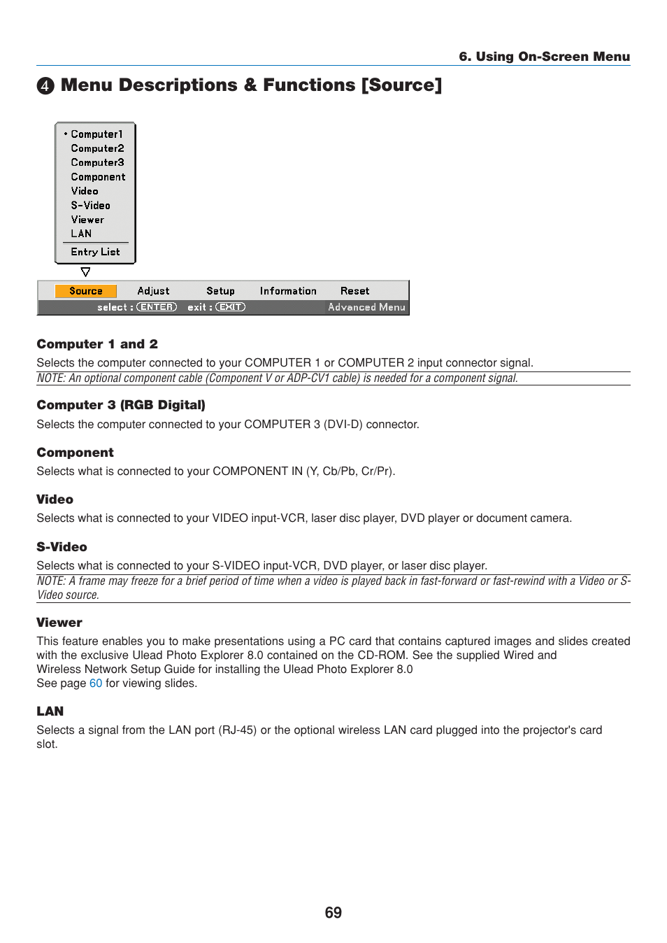 4) menu descriptions & functions [source, Computer 1 and 2, Computer 3 (rgb digital) | Component, Video, S-video, Viewer, Menu descriptions & functions [source | Dukane 8808 User Manual | Page 79 / 178