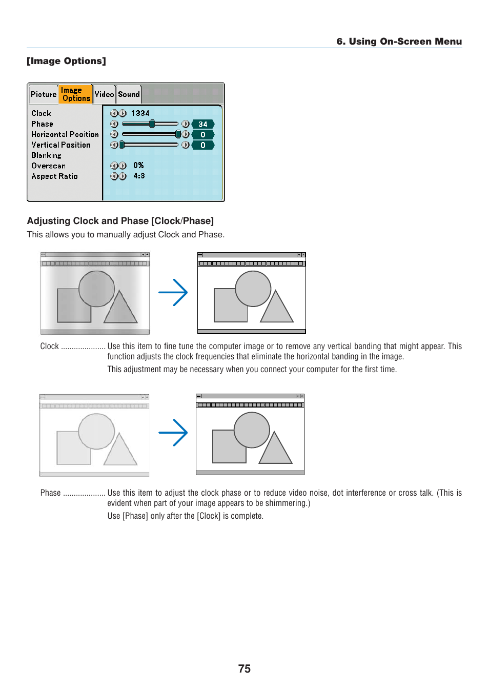 Image options, Adjusting clock and phase [clock/phase | Dukane 8808 User Manual | Page 85 / 178