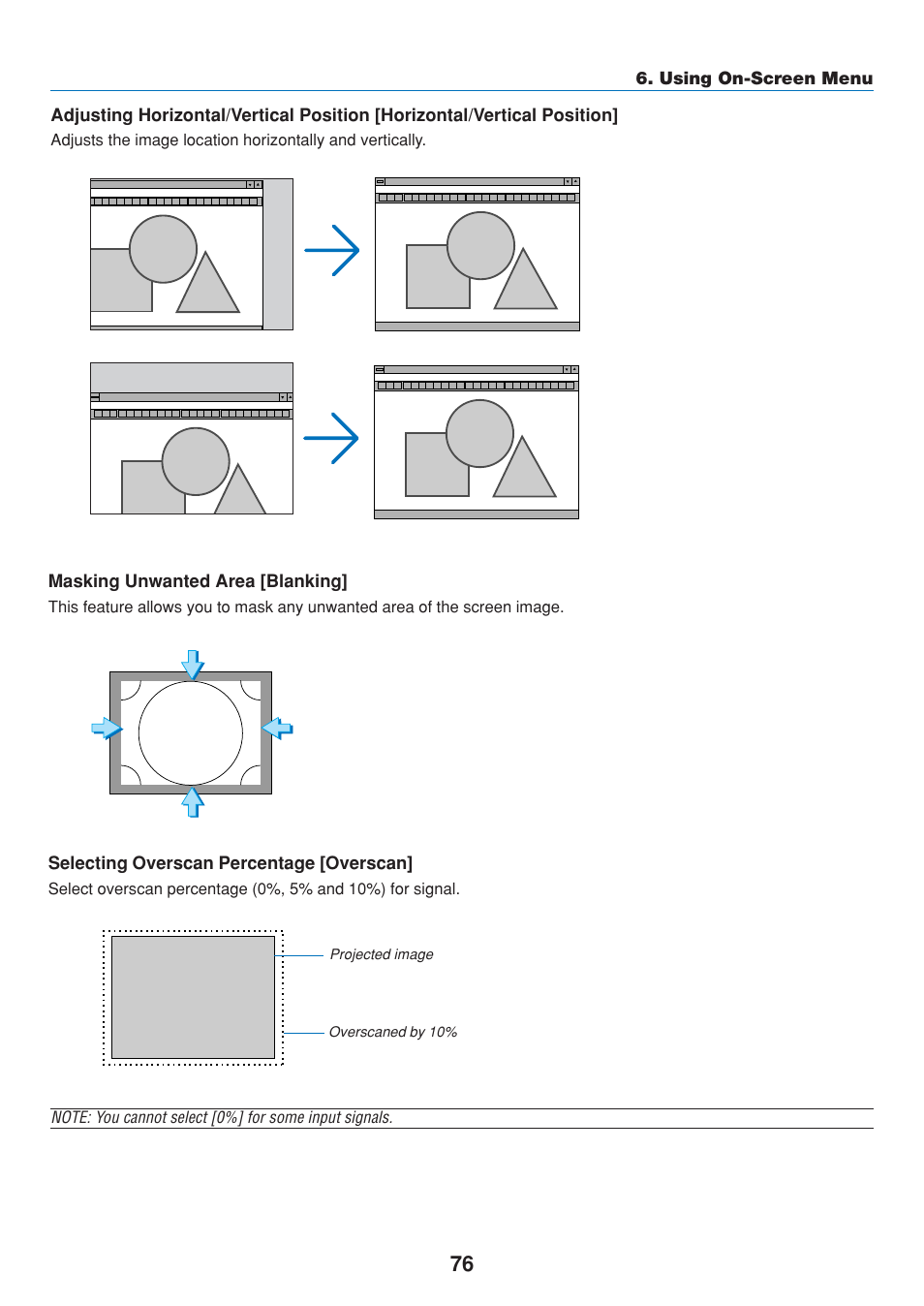 Masking unwanted area [blanking, Selecting overscan percentage [overscan | Dukane 8808 User Manual | Page 86 / 178