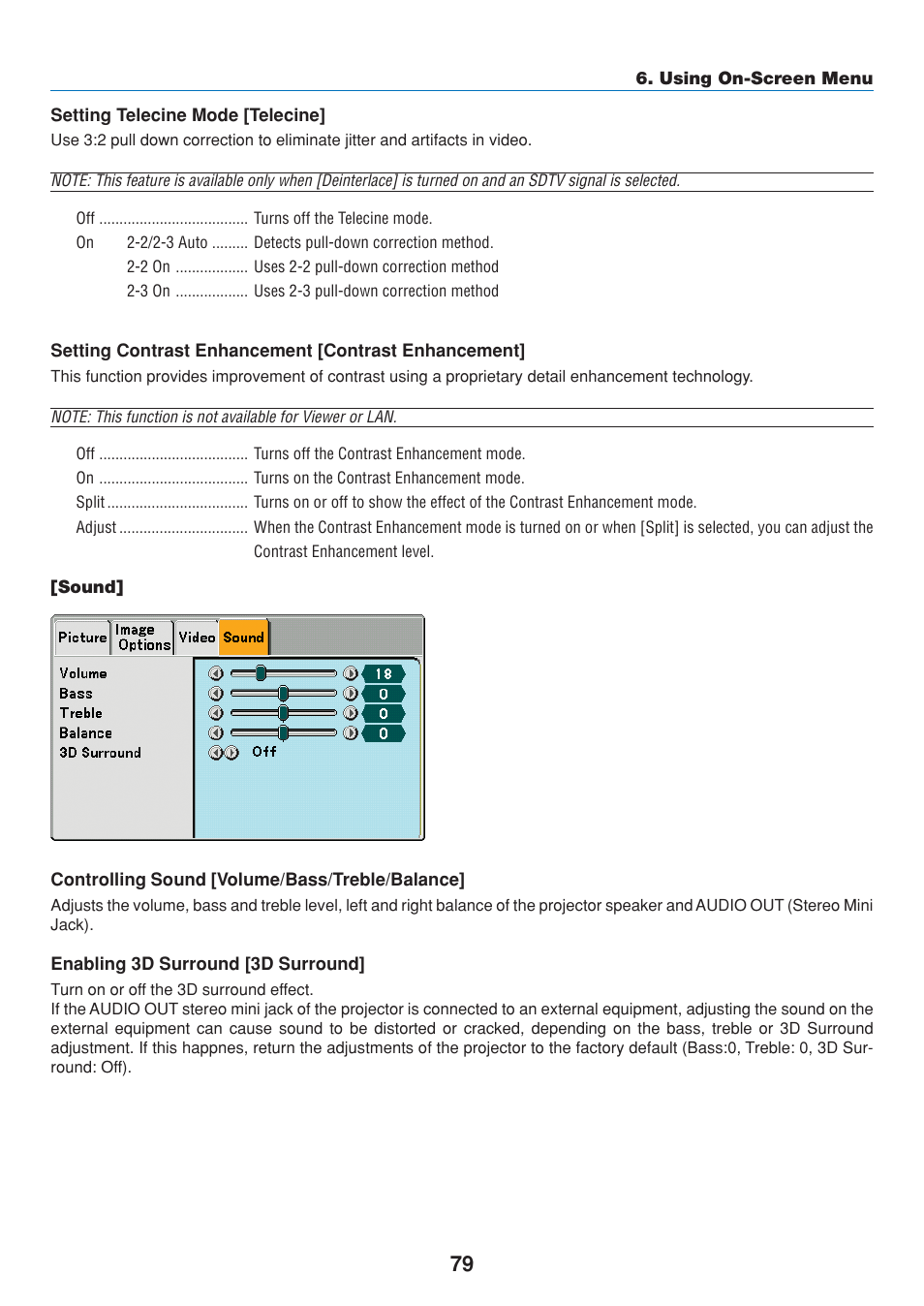 Setting telecine mode [telecine, Setting contrast enhancement [contrast enhancement, Sound | Controlling sound [volume/bass/treble/balance, Enabling 3d surround [3d surround | Dukane 8808 User Manual | Page 89 / 178